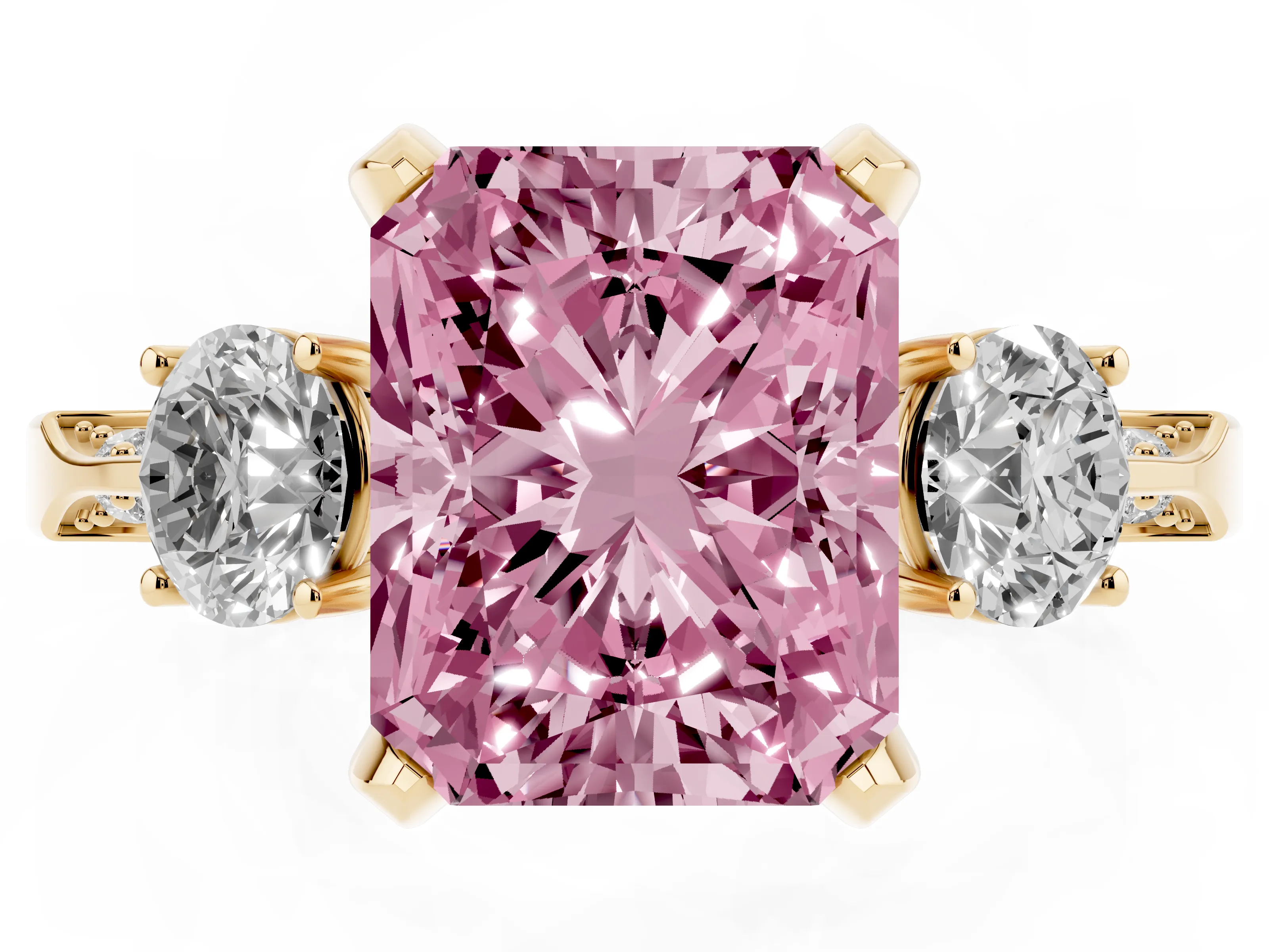 Fancy Pink Radiant Cut Diamond Three-Stone Ring Set in Yellow gold with Pavé Band and Smaller Side Stones