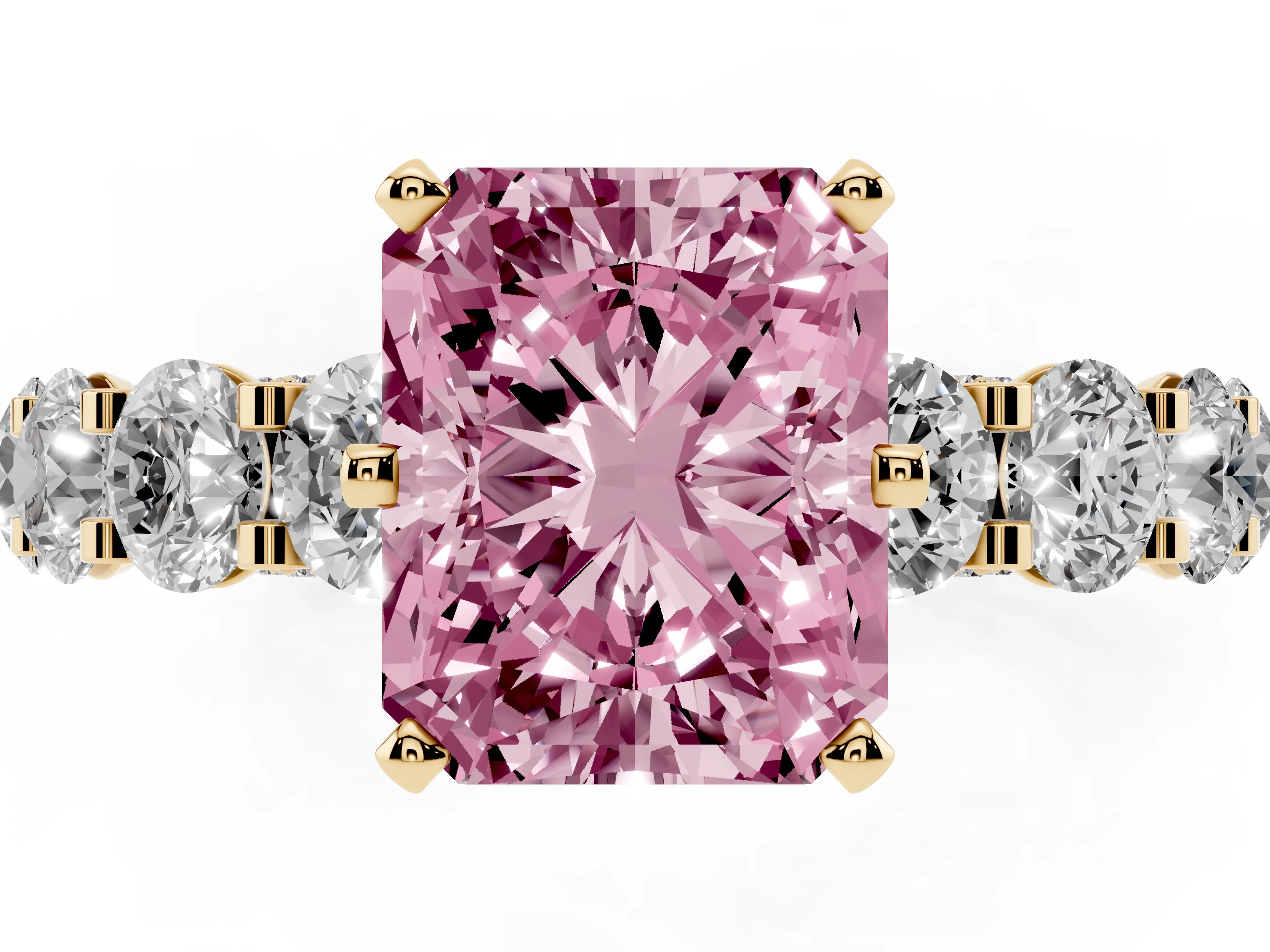 Fancy Pink Radiant Cut Diamond Side Stone Ring Set in Yellow gold with Alternating Round and Oval Side Stones