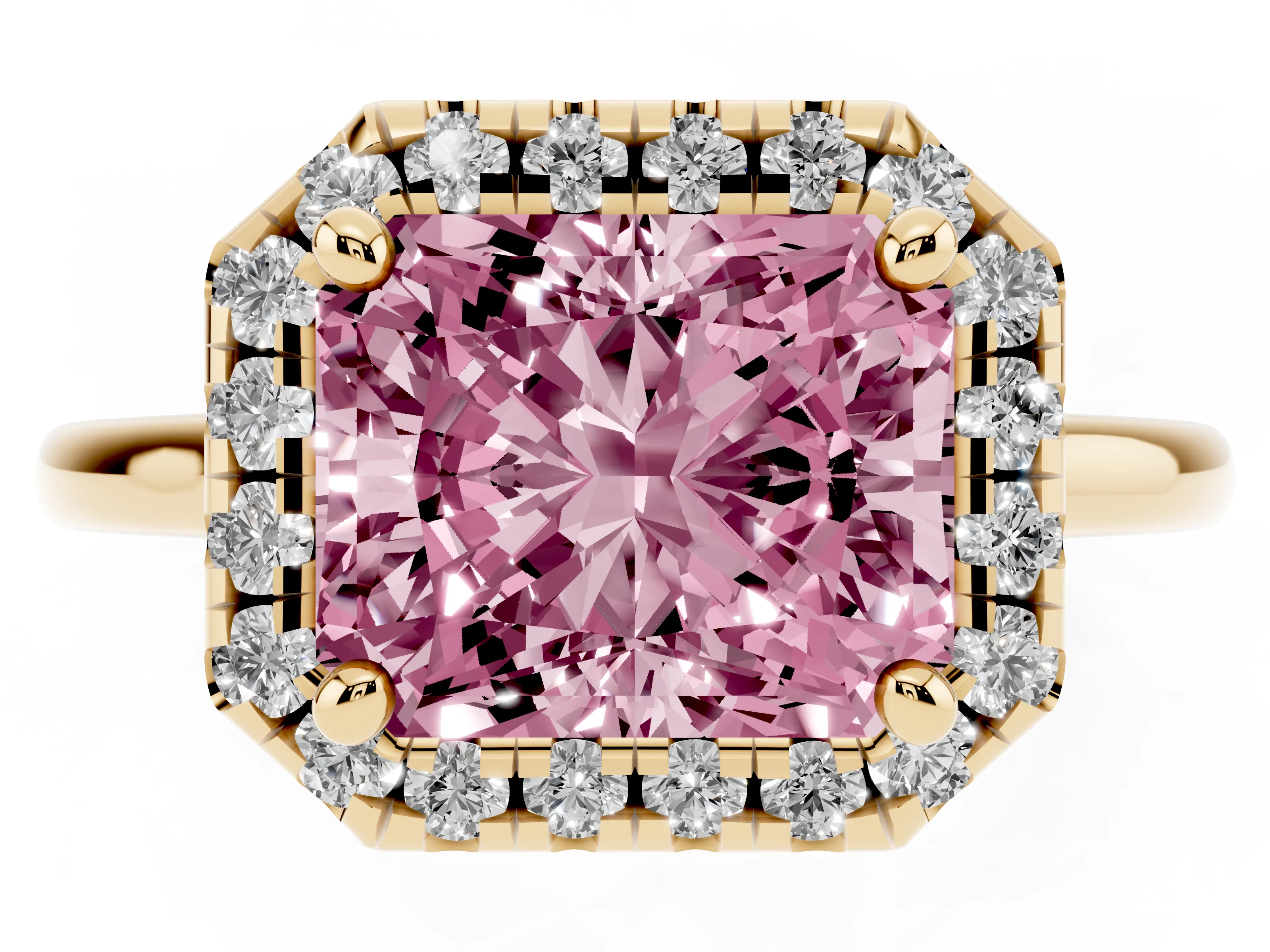 Fancy Pink Radiant Cut Diamond Halo Engagement Ring Set in Yellow gold with Pavé Band and Rising Shoulders