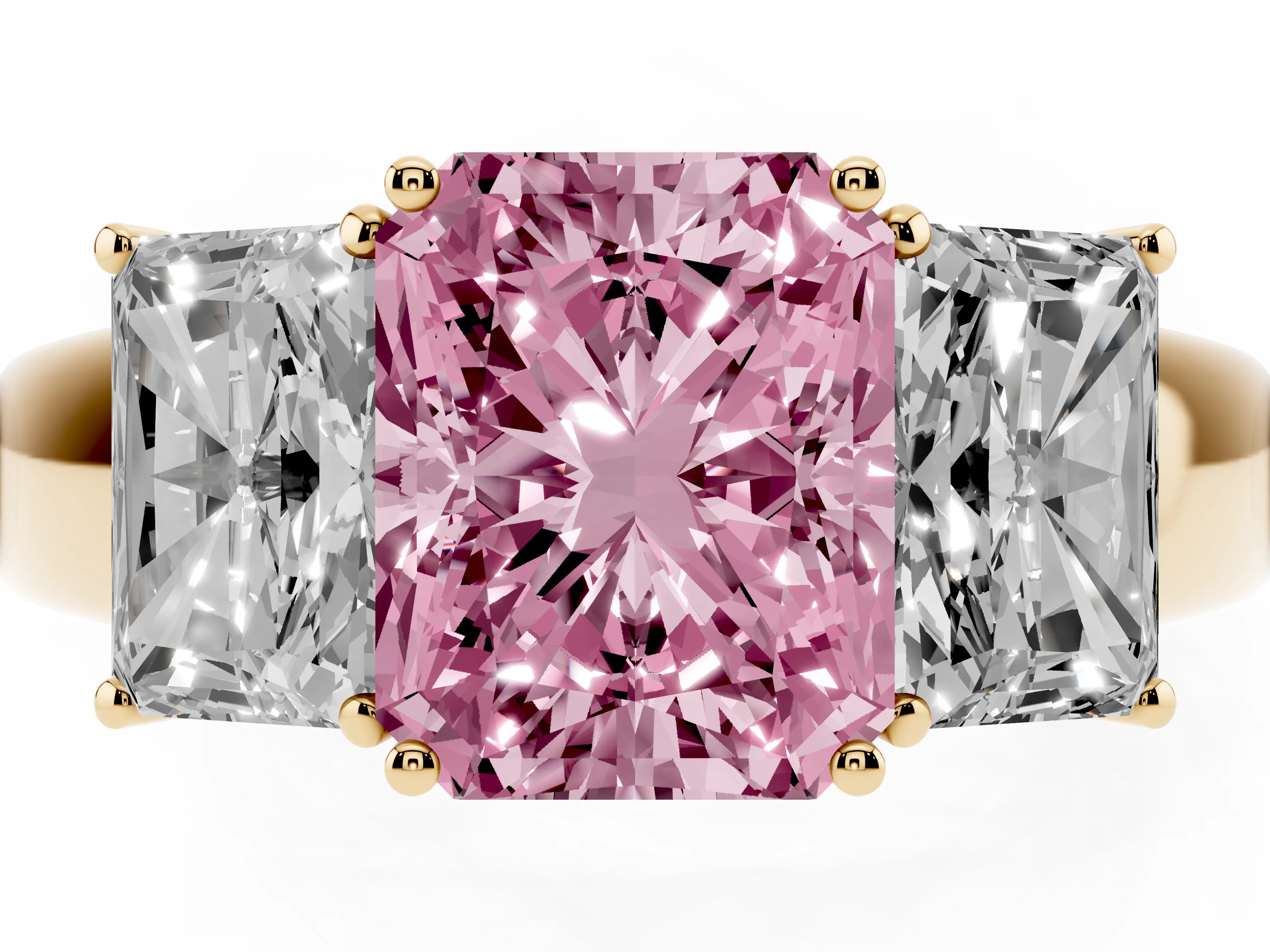 Fancy Pink Three-Stone Radiant Cut Diamond Ring Set in Yellow gold with Matching Prong Settings and Plain Band
