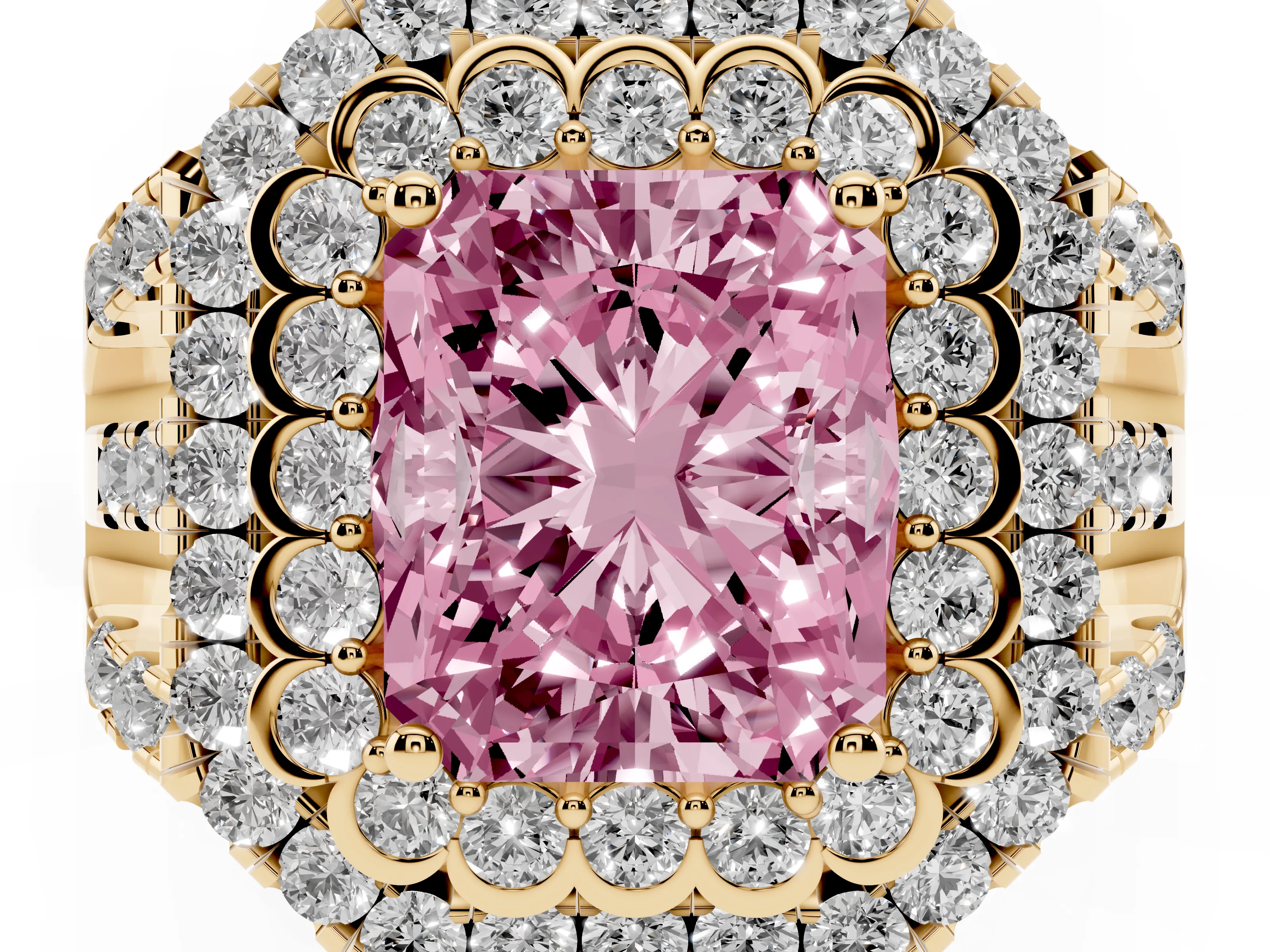 Fancy Pink Radiant Cut Diamond Double Halo Ring Set in Yellow gold with Round Pavé Split Shank