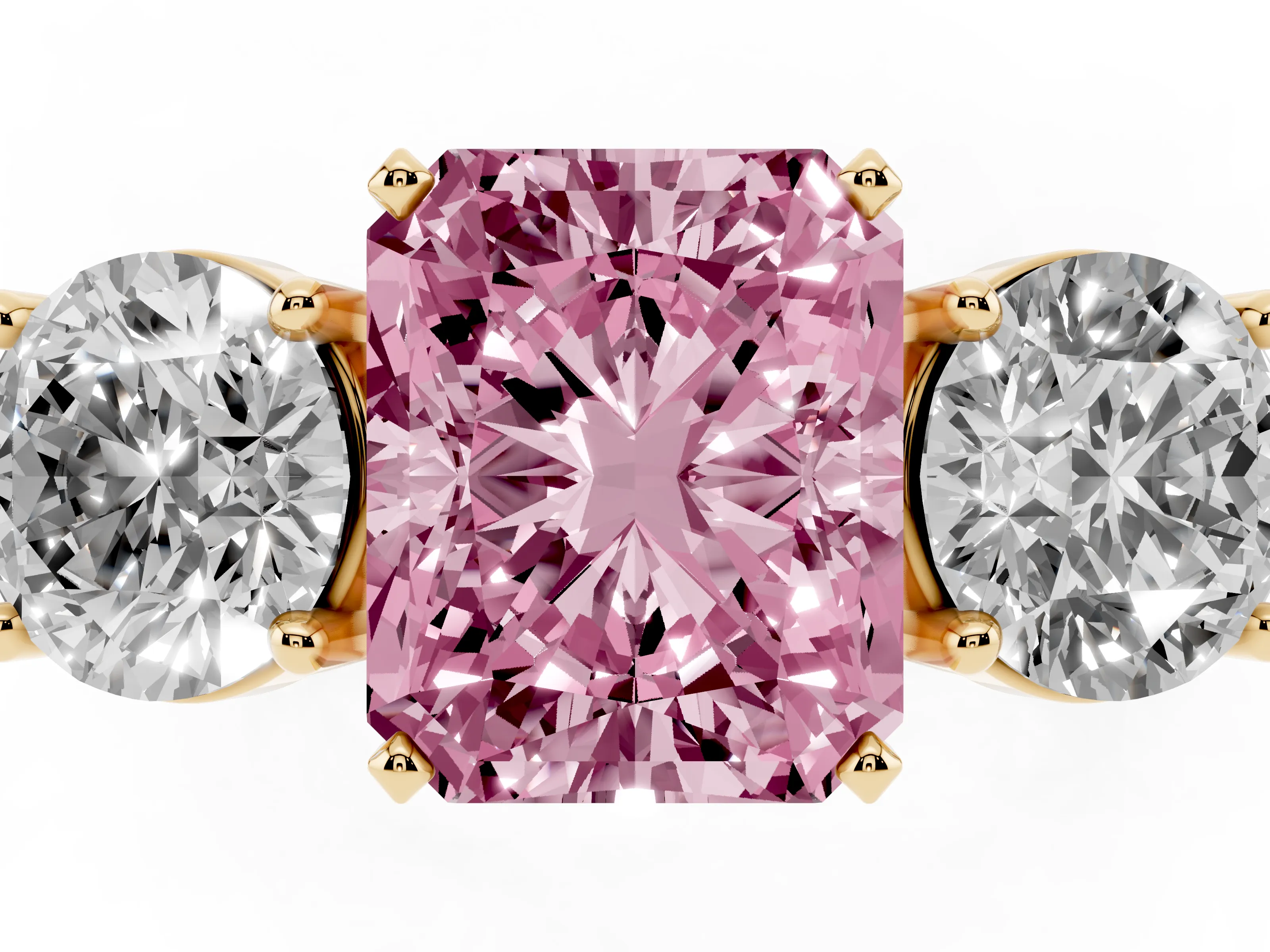 Fancy Pink Radiant Cut Diamond Three-Stone Ring Set in Yellow gold with Round Side Stones and Classic Band
