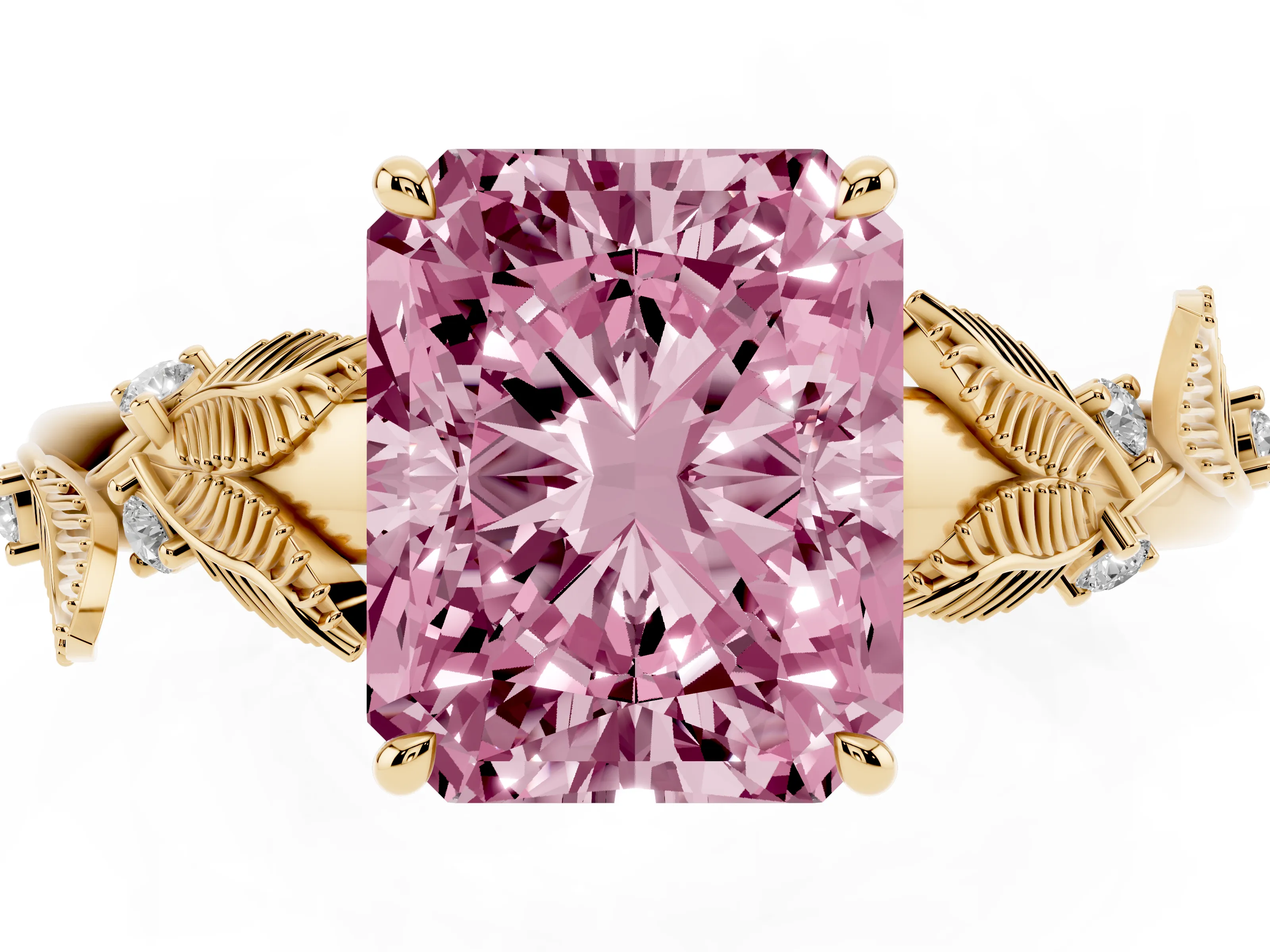Fancy Pink Radiant Cut Diamond Solitaire Ring Set in Yellow gold with Leaf Motif Band