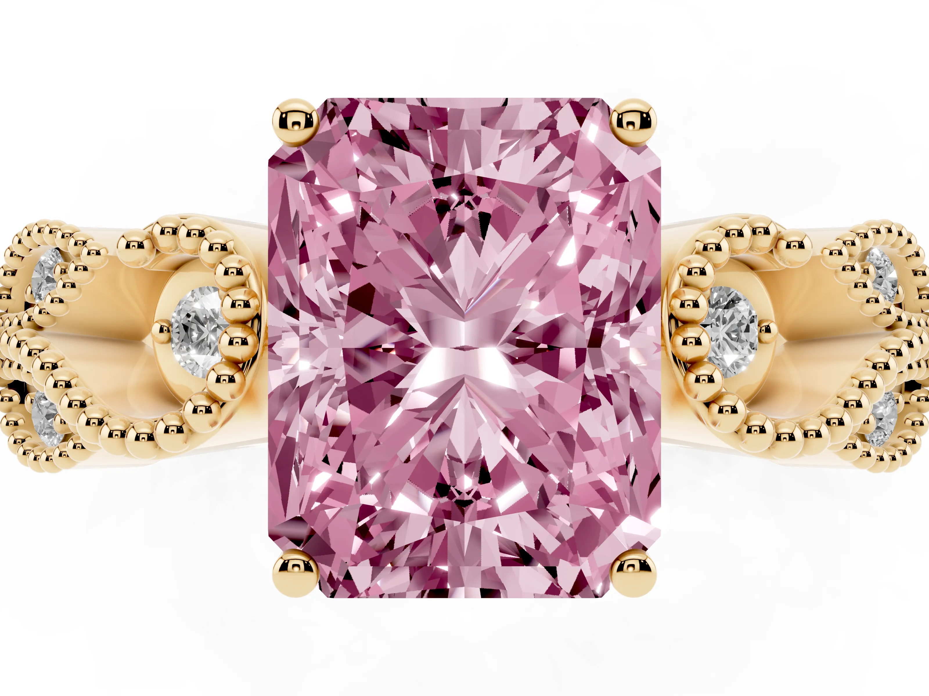 Fancy Pink Radiant Cut Diamond Milgrain Leaf Band Solitaire Ring Set in Yellow gold with Accent Stones and Prong Setting