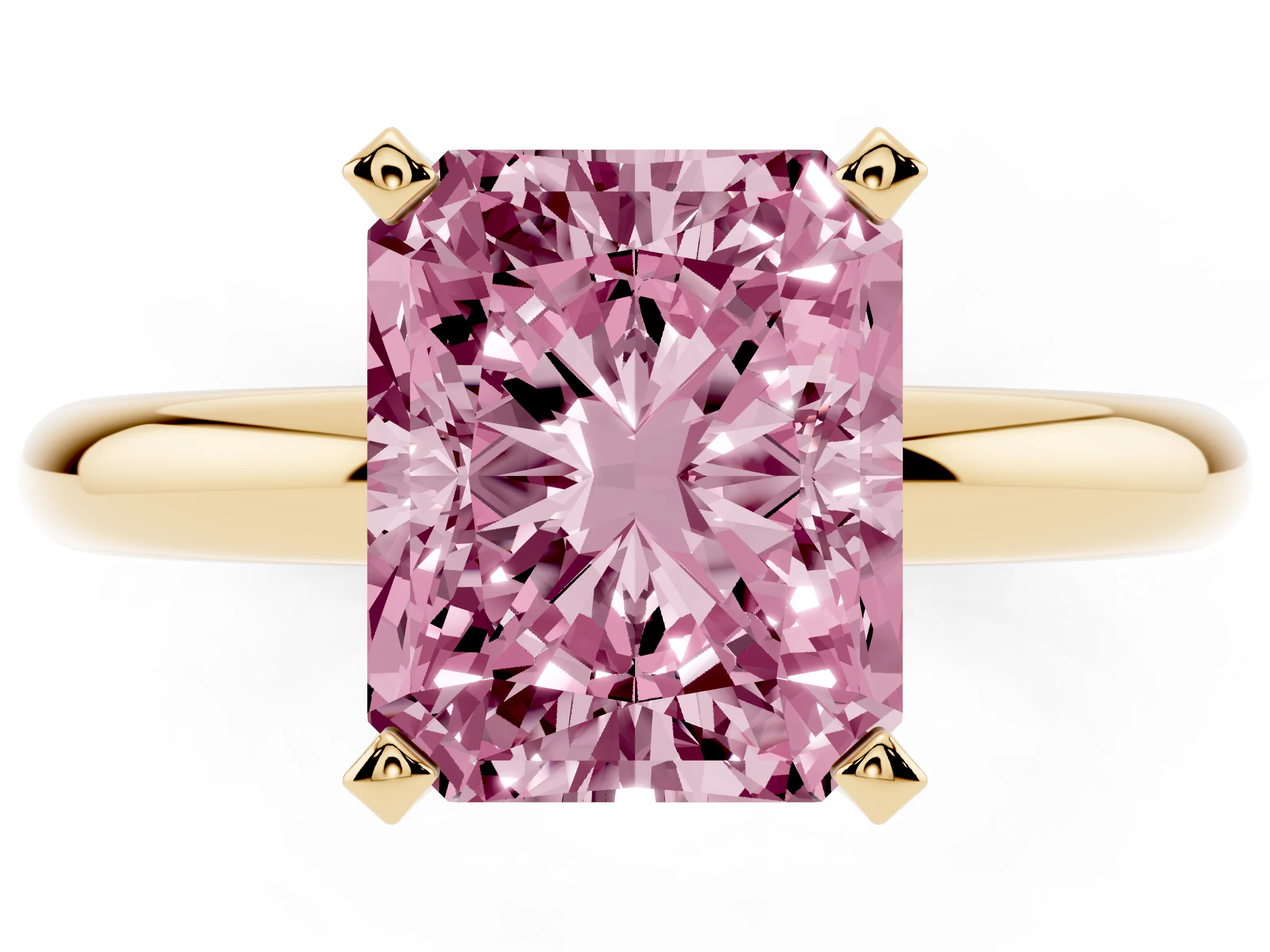 Fancy Pink Radiant Cut Diamond Solitaire Engagement Ring Set in Yellow gold with Round Band and Prong Setting
