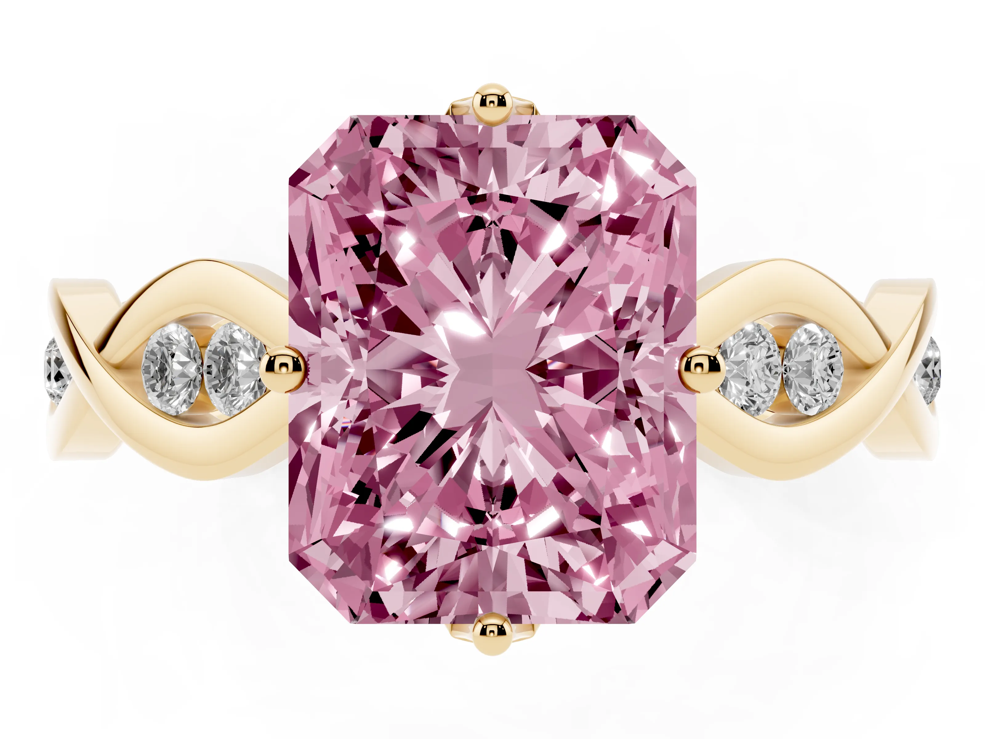 Fancy Pink Radiant Cut Diamond Twist Band Solitaire Ring Set in Yellow gold with Leaf Prong Setting and Accent Stones