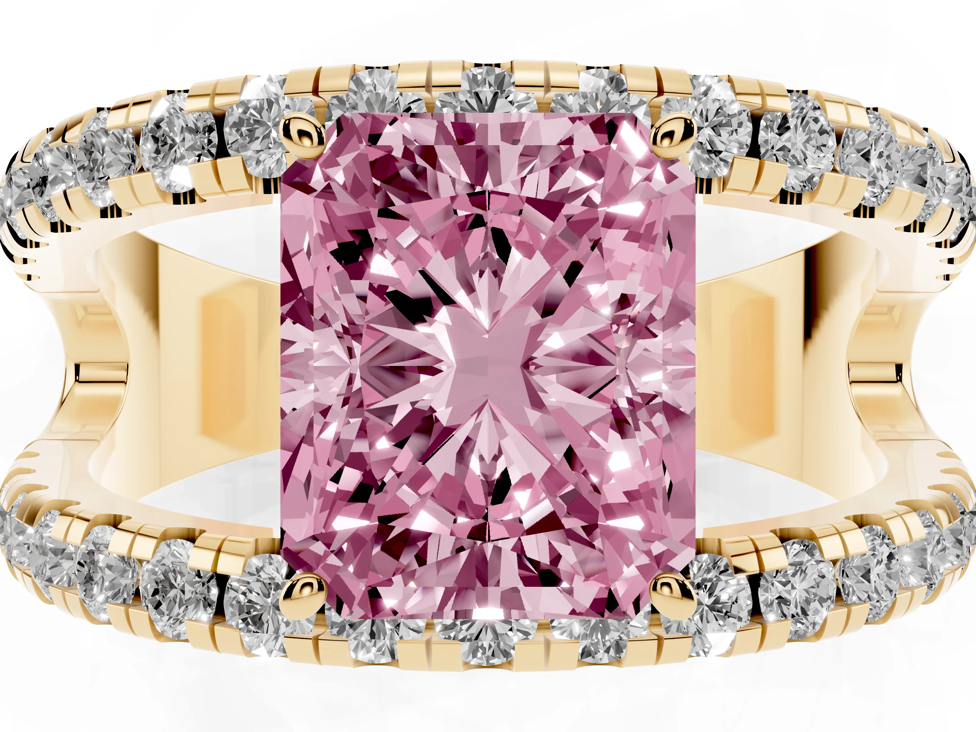 Fancy Pink Radiant Cut Diamond Split Shank Pavé Solitaire Ring Set in Yellow gold with Open Shank Design