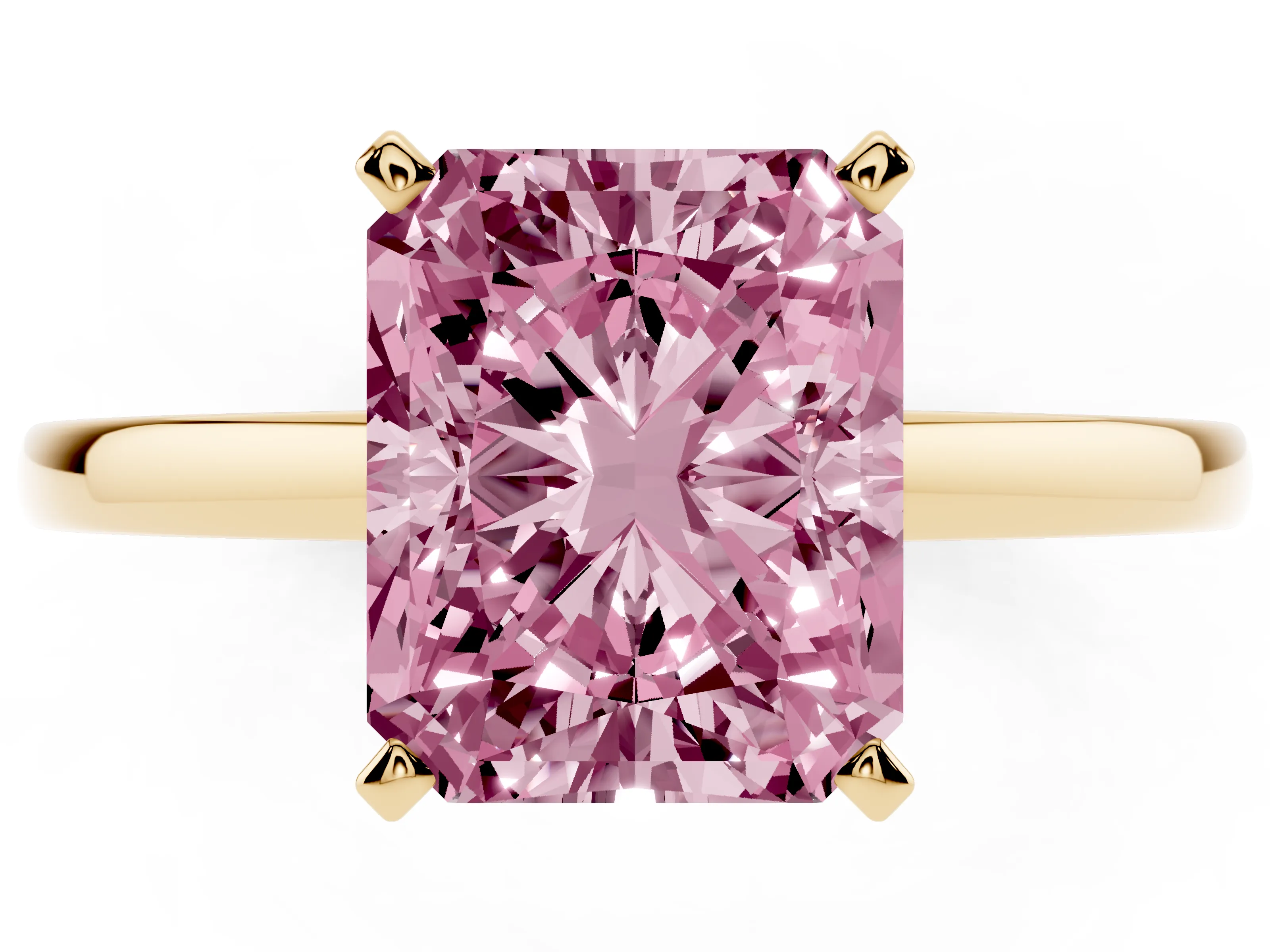 Fancy Pink Radiant Cut Diamond Solitaire Engagement Ring Set in Yellow gold with Prong Setting on a Classic Band