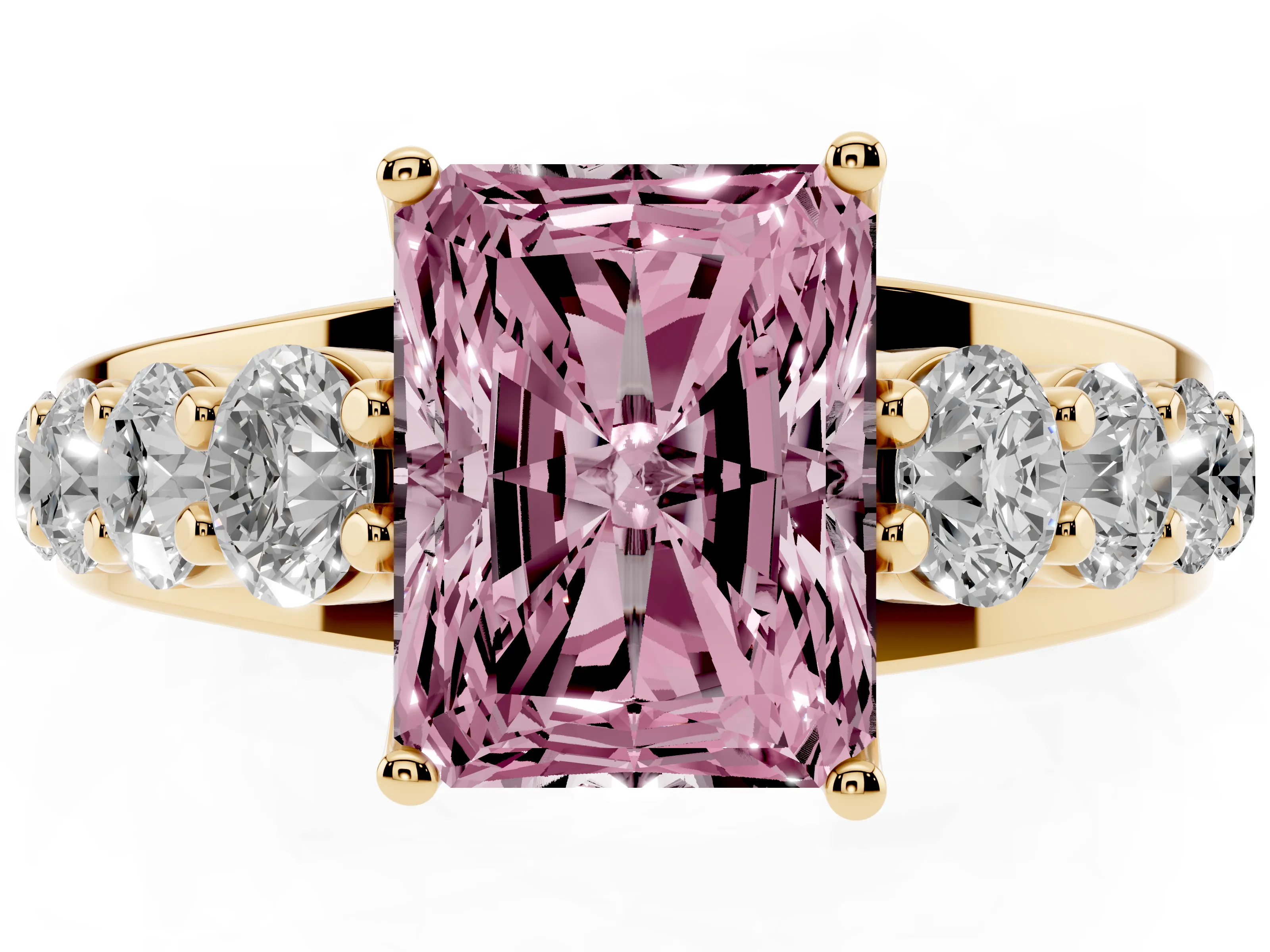Fancy Pink Radiant Cut Diamond Pavé Engagement Ring Set in Yellow gold with Prong Setting