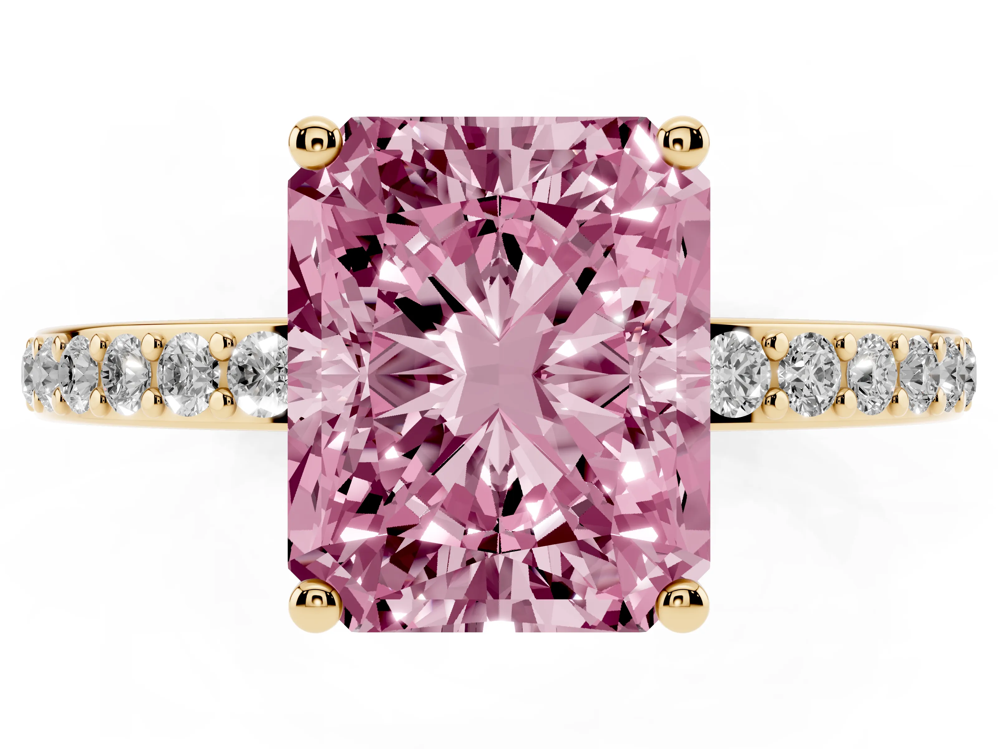 Fancy Pink Radiant Cut Diamond Pavé Band Ring Set in Yellow gold with Prong-Set Center Stone