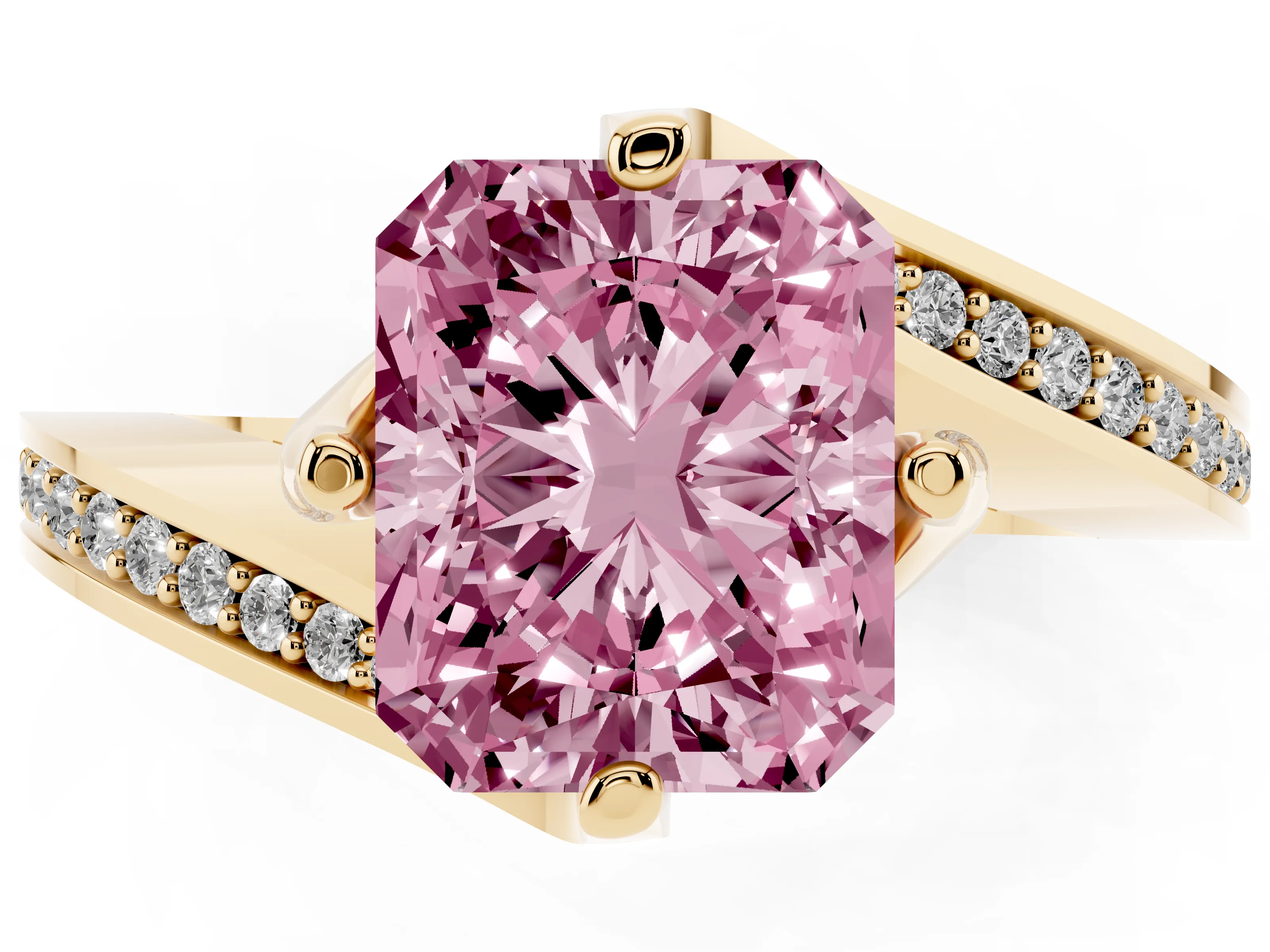 Fancy Pink Radiant Cut Diamond Solitaire Ring Set in Yellow gold with Intertwined Pavé Twist Band