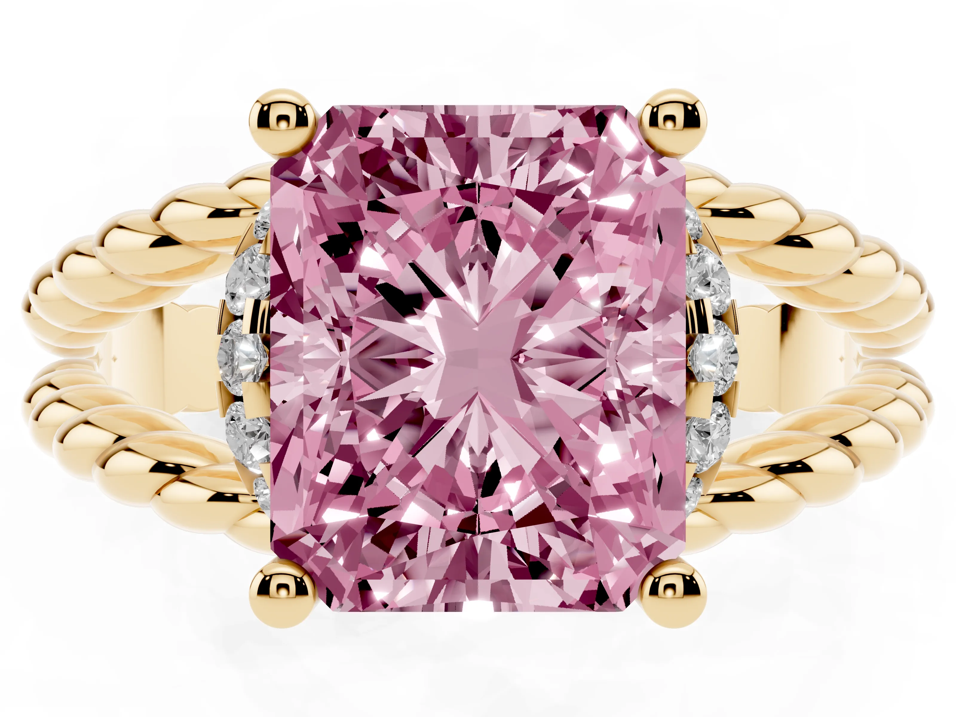 Fancy Pink Radiant Cut Diamond Halo Ring Set in Yellow gold with Twisted Band and Prong Setting