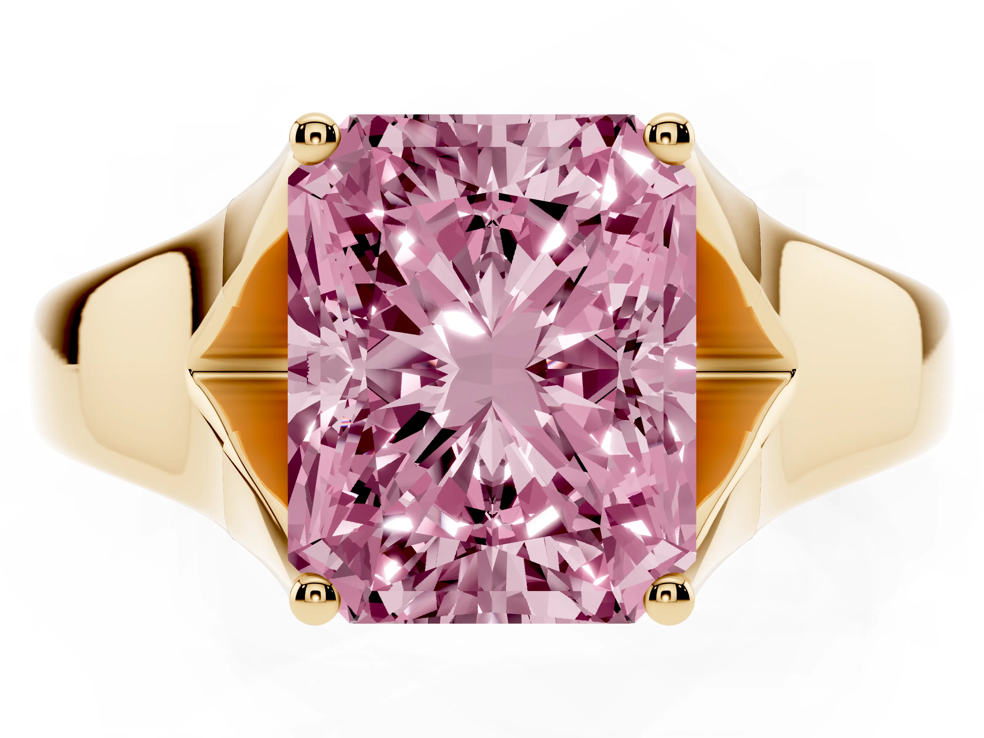 Fancy Pink Radiant Cut Diamond Solitaire Ring Set in Yellow gold with Arched Cathedral Band and Prong Setting