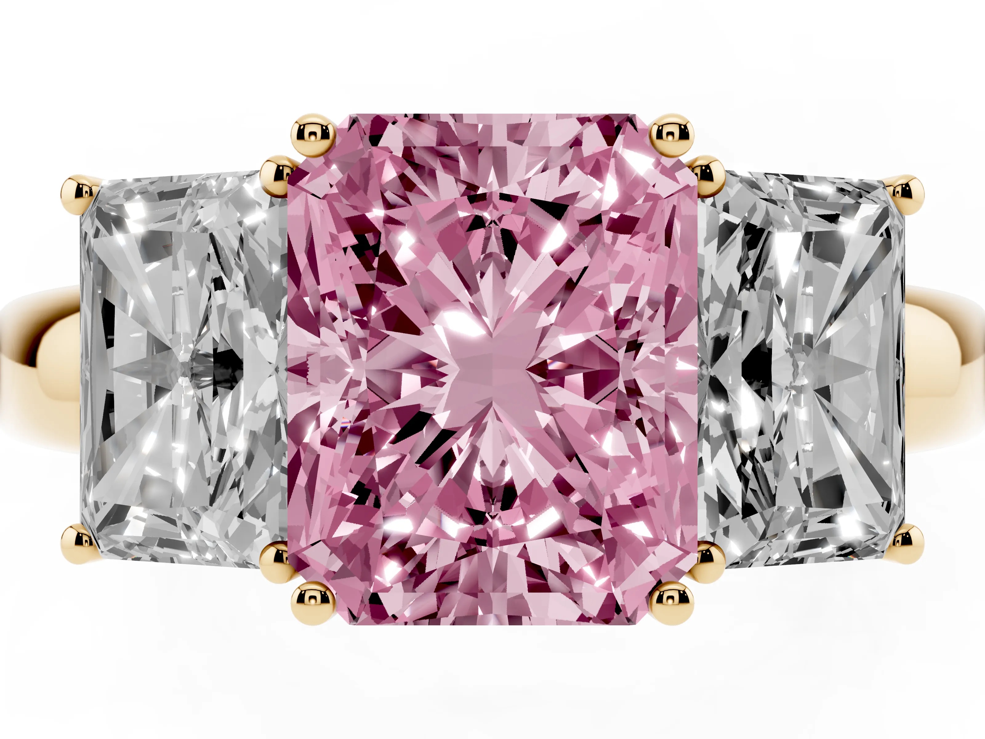 Fancy Pink Radiant Cut Diamond Three-Stone Ring Set in Yellow gold with Bold Center and Classic Band