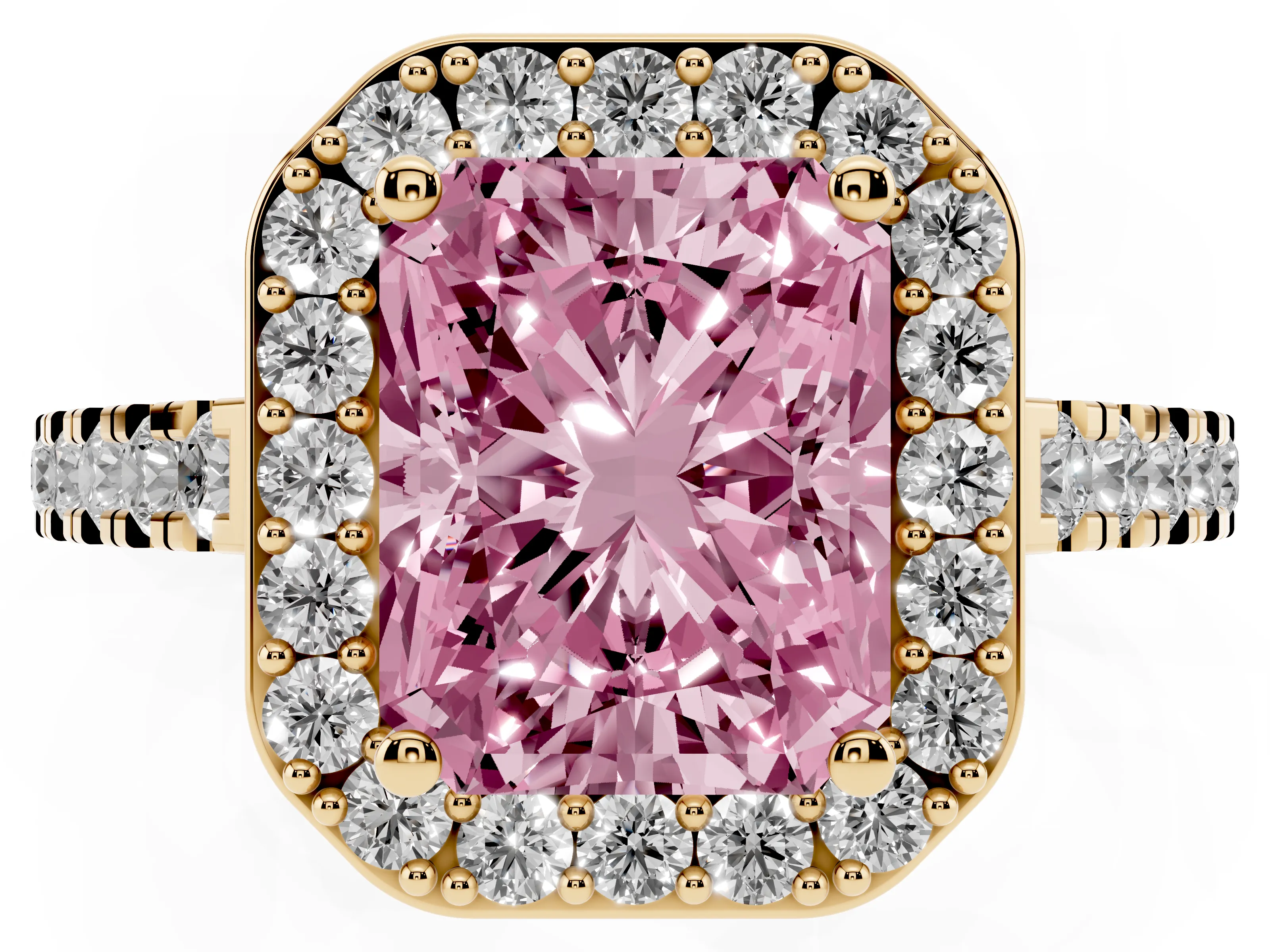 Fancy Pink Radiant Cut Diamond Halo Ring Set in Yellow gold with Round Pavé Split Shank and Prong Setting