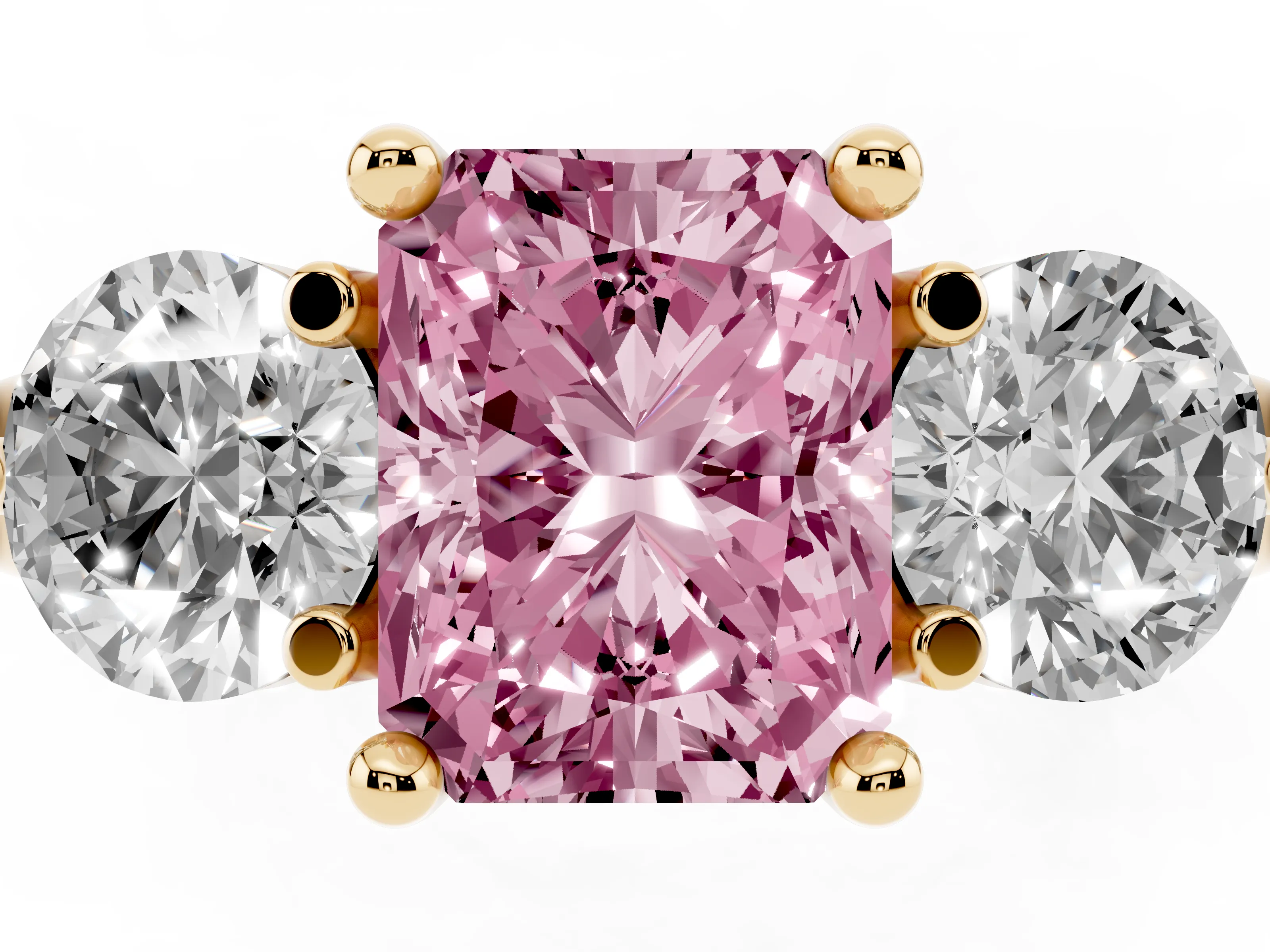 Fancy Pink Radiant Cut Diamond Three-Stone Ring Set in Yellow gold with Prong Setting and Classic Band