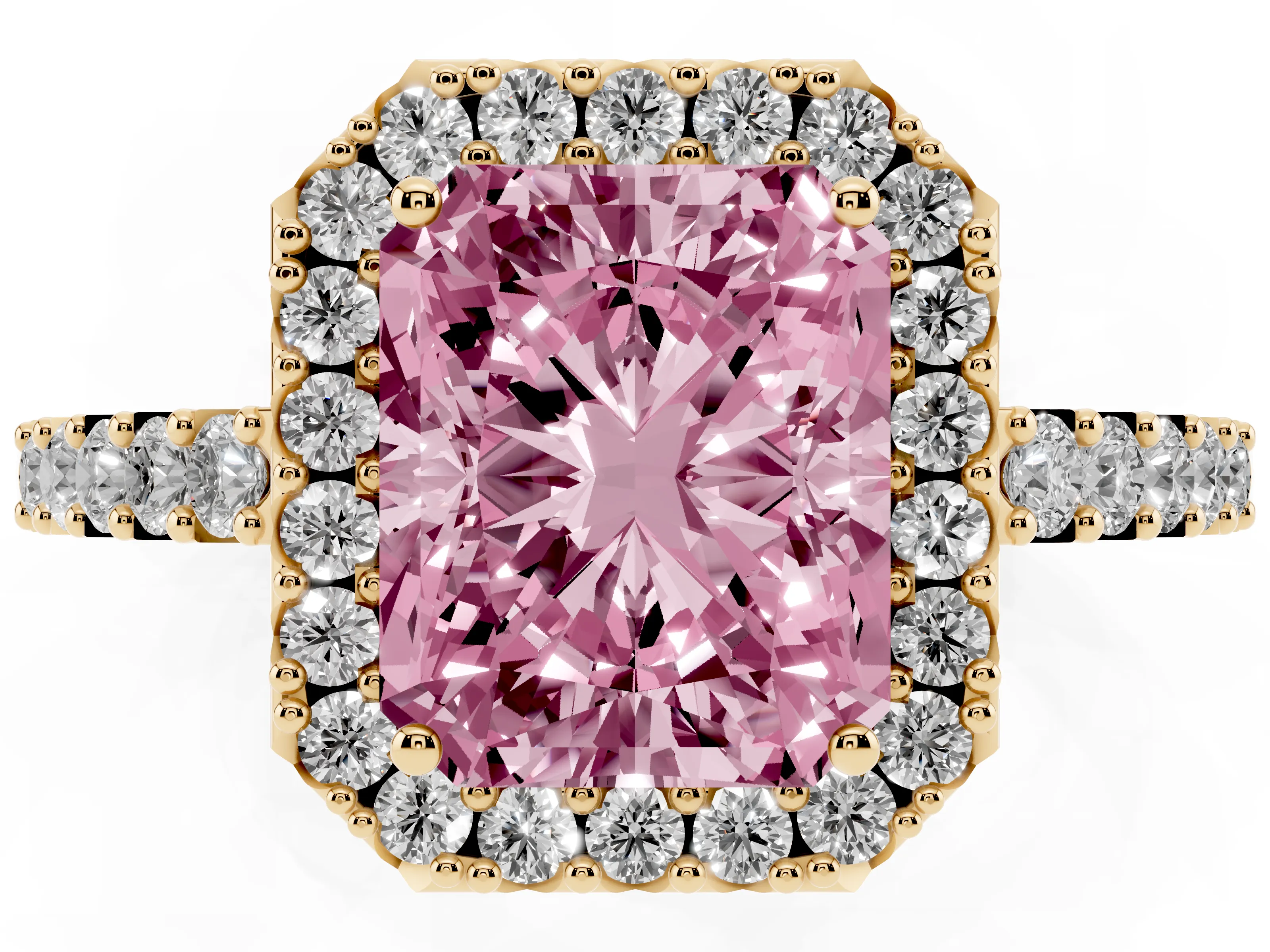 Fancy Pink Radiant Cut Diamond Halo Pavé Solitaire Ring Set in Yellow gold with Prong-Set Center Stone