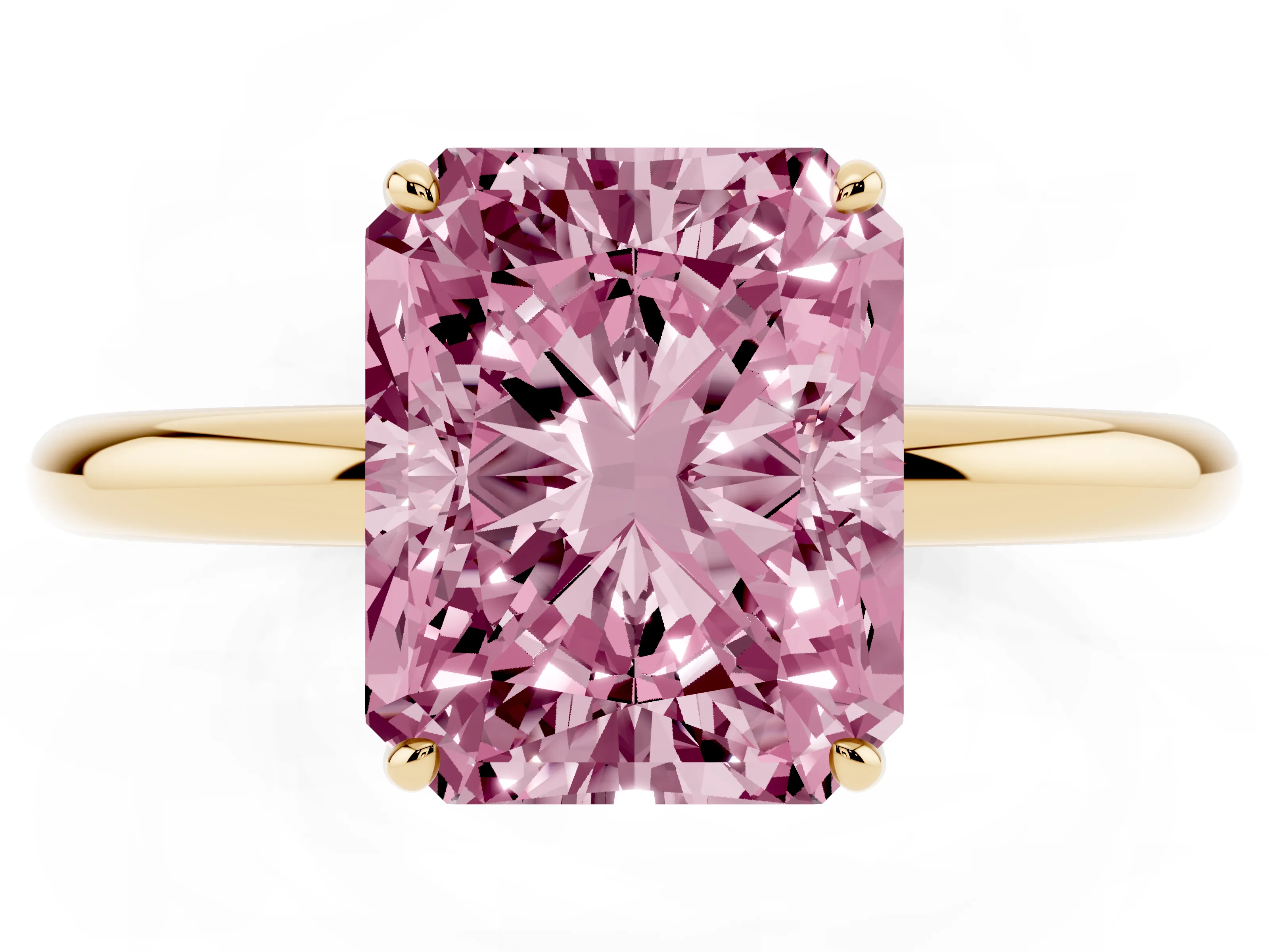 Fancy Pink Radiant Cut Diamond Solitaire Ring Set in Yellow gold with Prong Setting on a Polished Plain Band