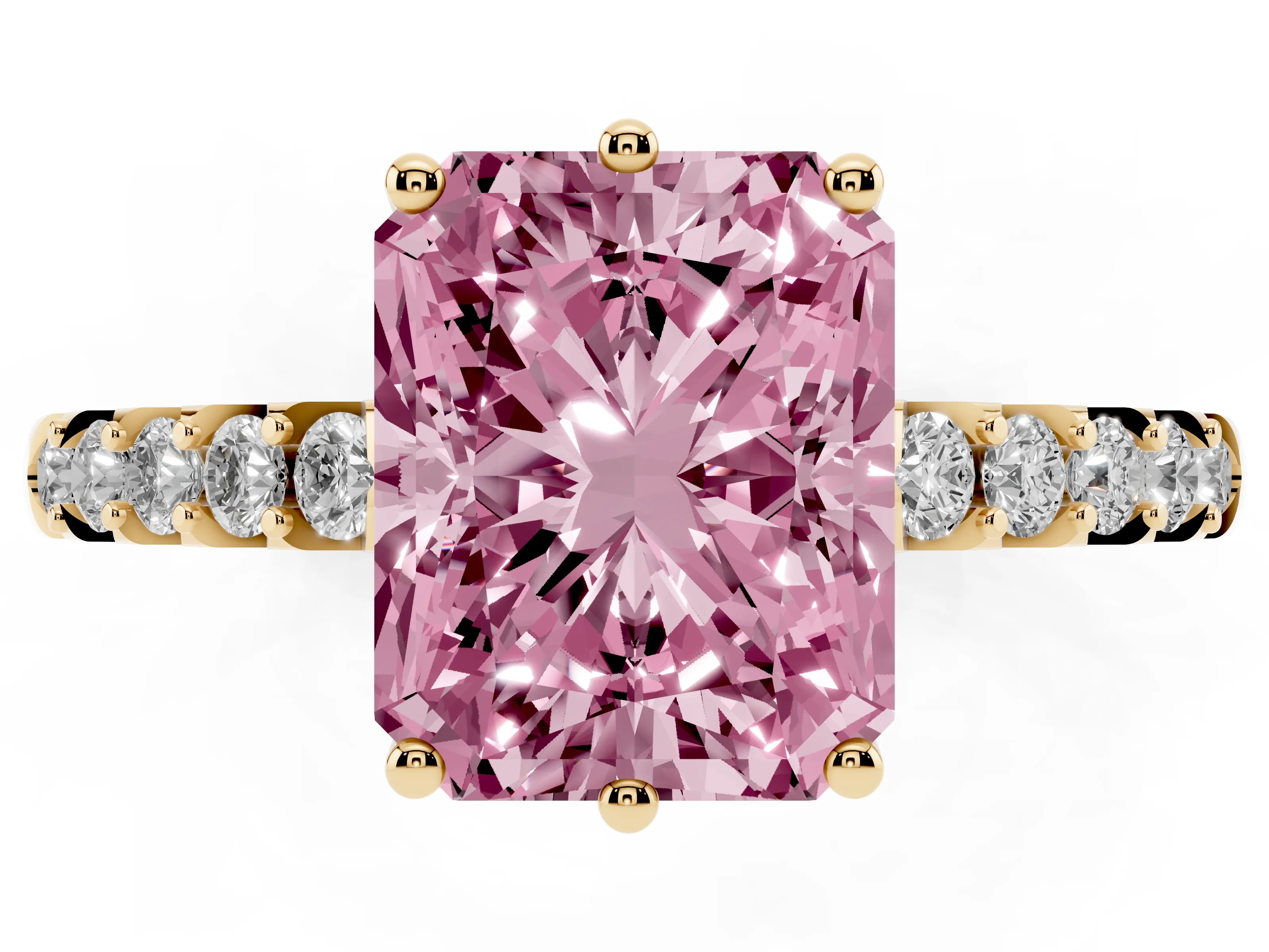 Fancy Pink Radiant Cut Diamond Solitaire Engagement Ring Set in Yellow gold with Pavé Band and Prong Setting
