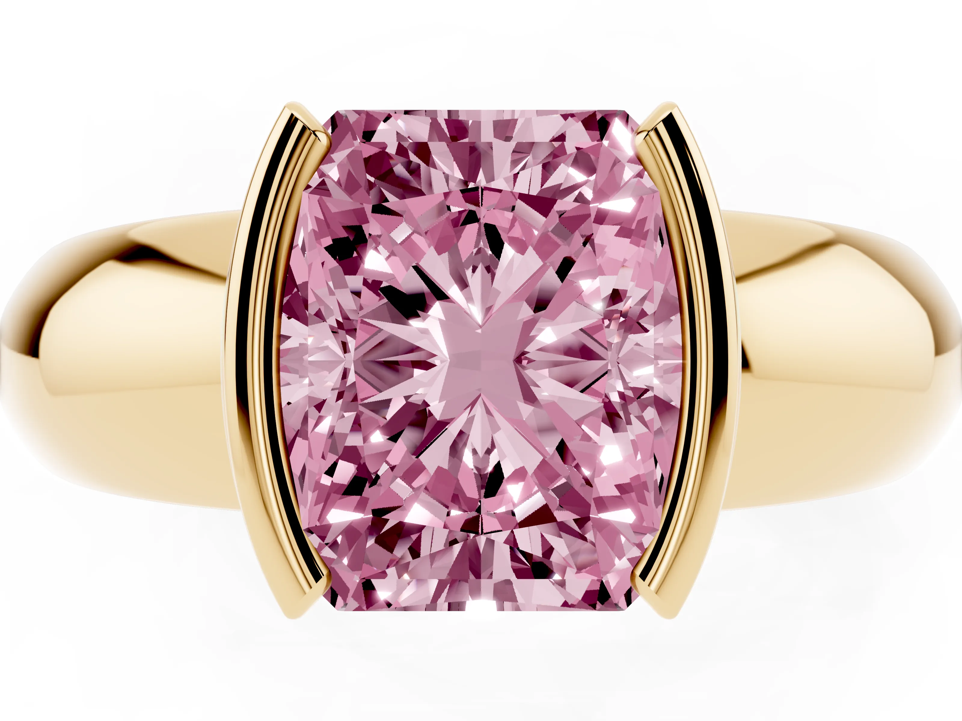 Fancy Pink Radiant Cut Diamond Solitaire Tension Set Ring Set in Yellow gold with Wide Band