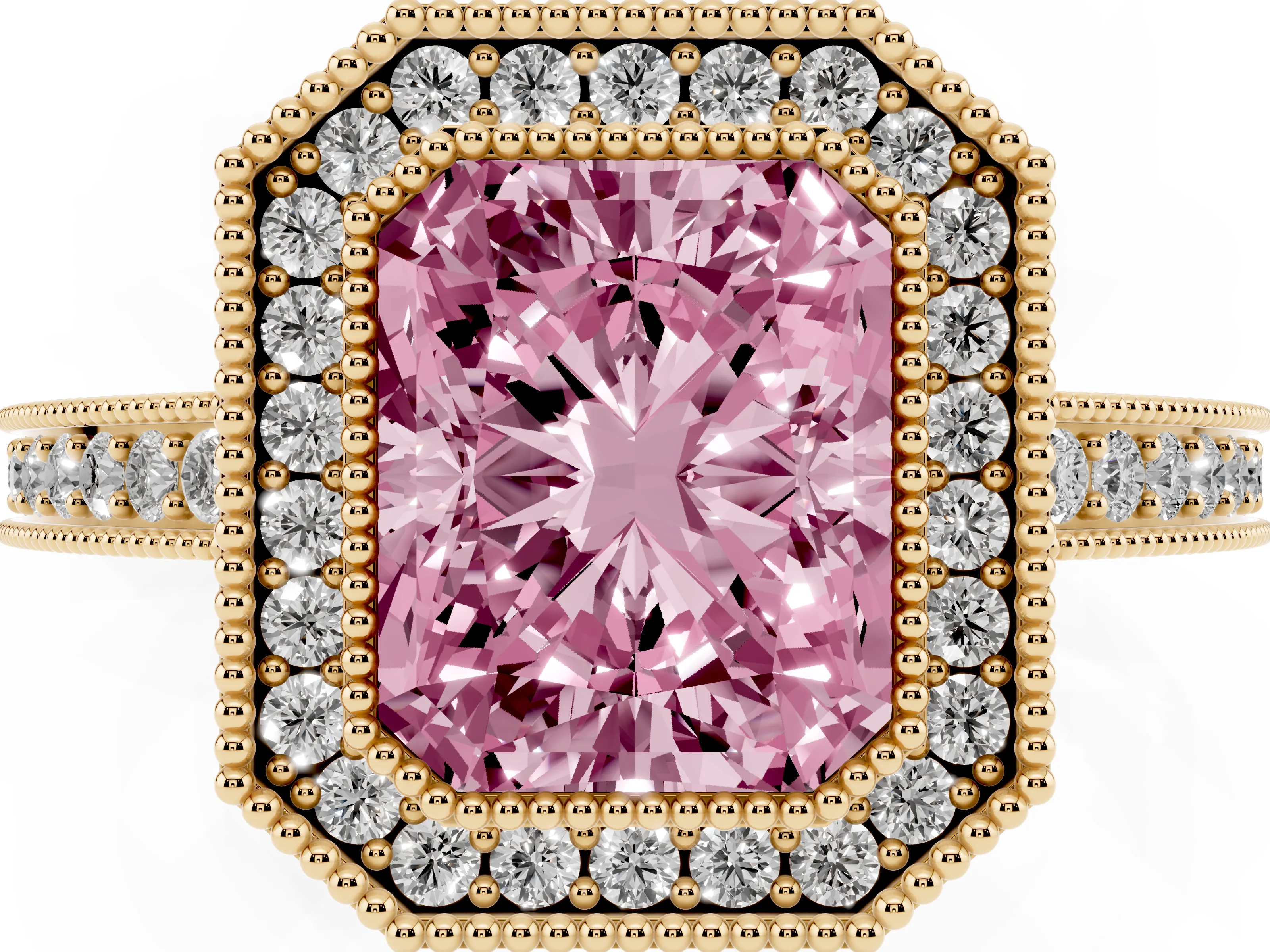 Fancy Pink Radiant Cut Diamond Round Halo Ring Set in Yellow gold with Pavé Band