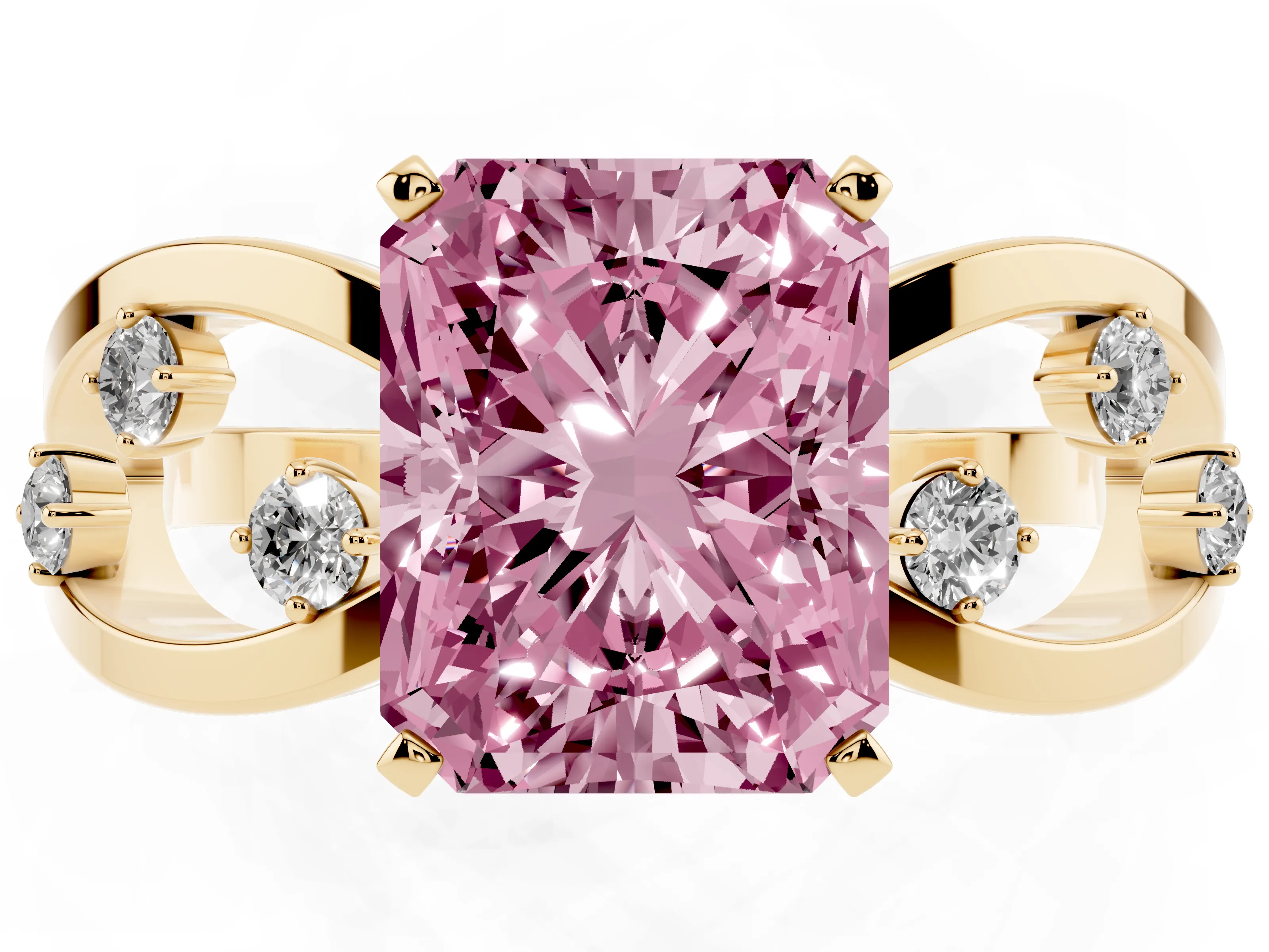 Fancy Pink Radiant Cut Diamond Solitaire Ring Set in Yellow gold with Side Stones on Criss-Cross Band and Prong Setting