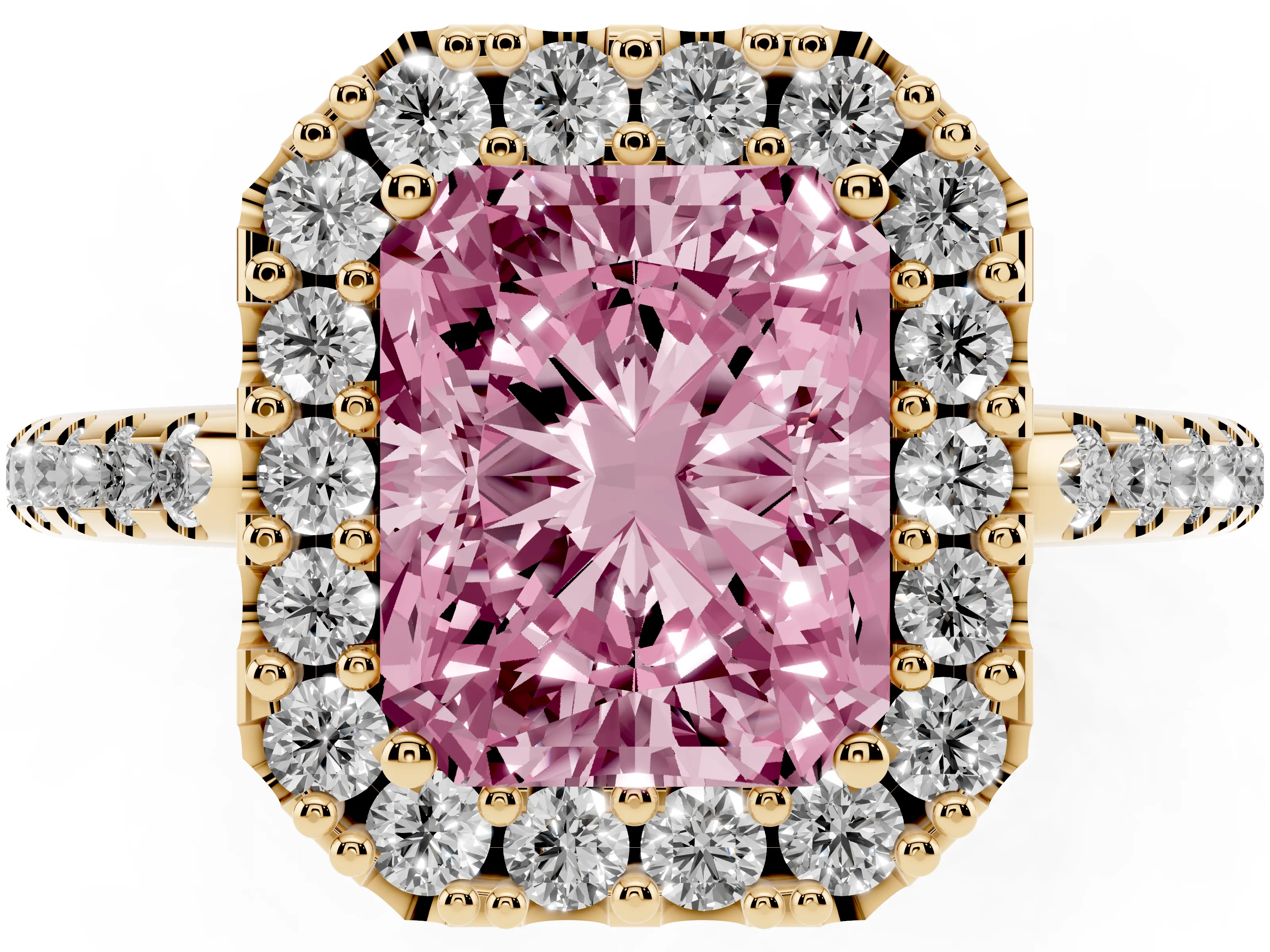 Fancy Pink Radiant Cut Diamond Pavé Halo Ring Set in Yellow gold with Prong Setting