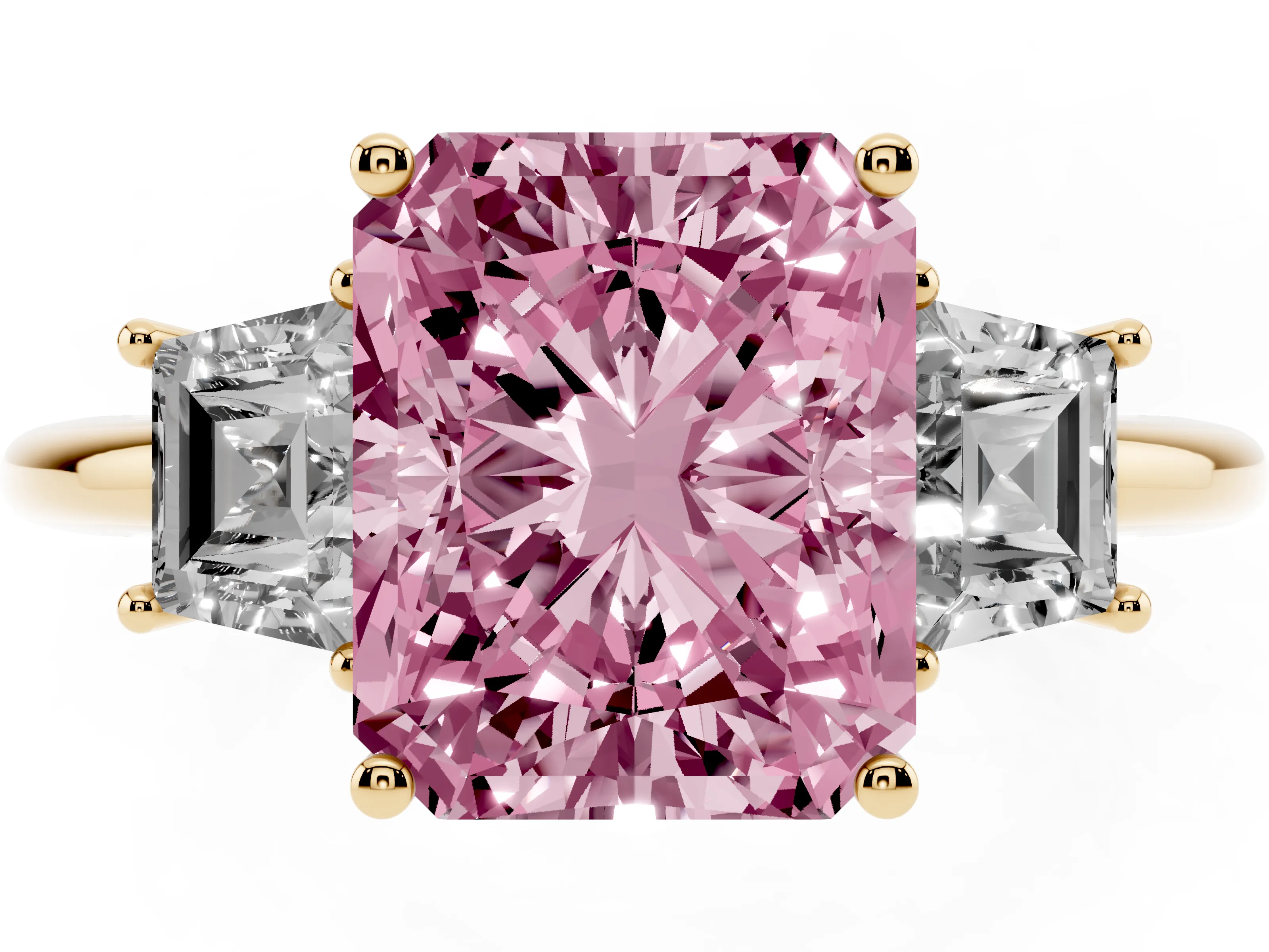 Fancy Pink Radiant Cut Diamond Three-Stone Ring Set in Yellow gold with Trapezoid Side Stones and Prong Setting