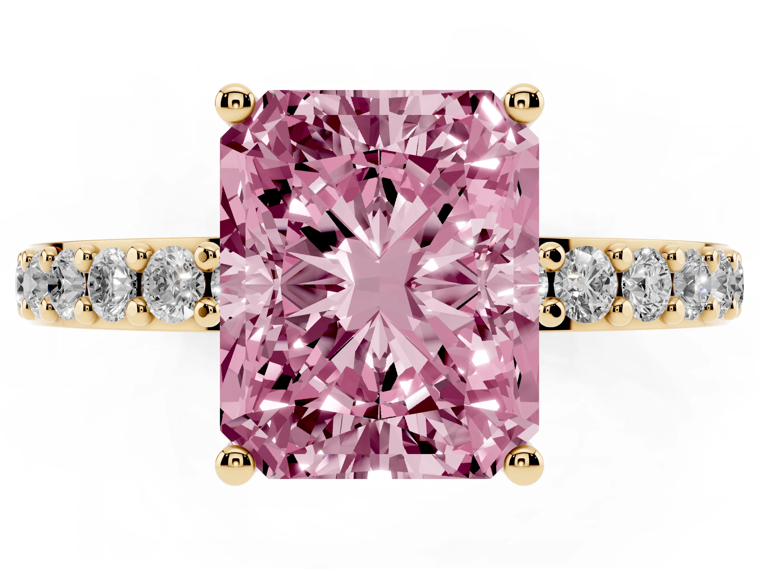 Fancy Pink Radiant Cut Diamond Solitaire Set in Yellow gold with Round Pavé Band and Prong Setting