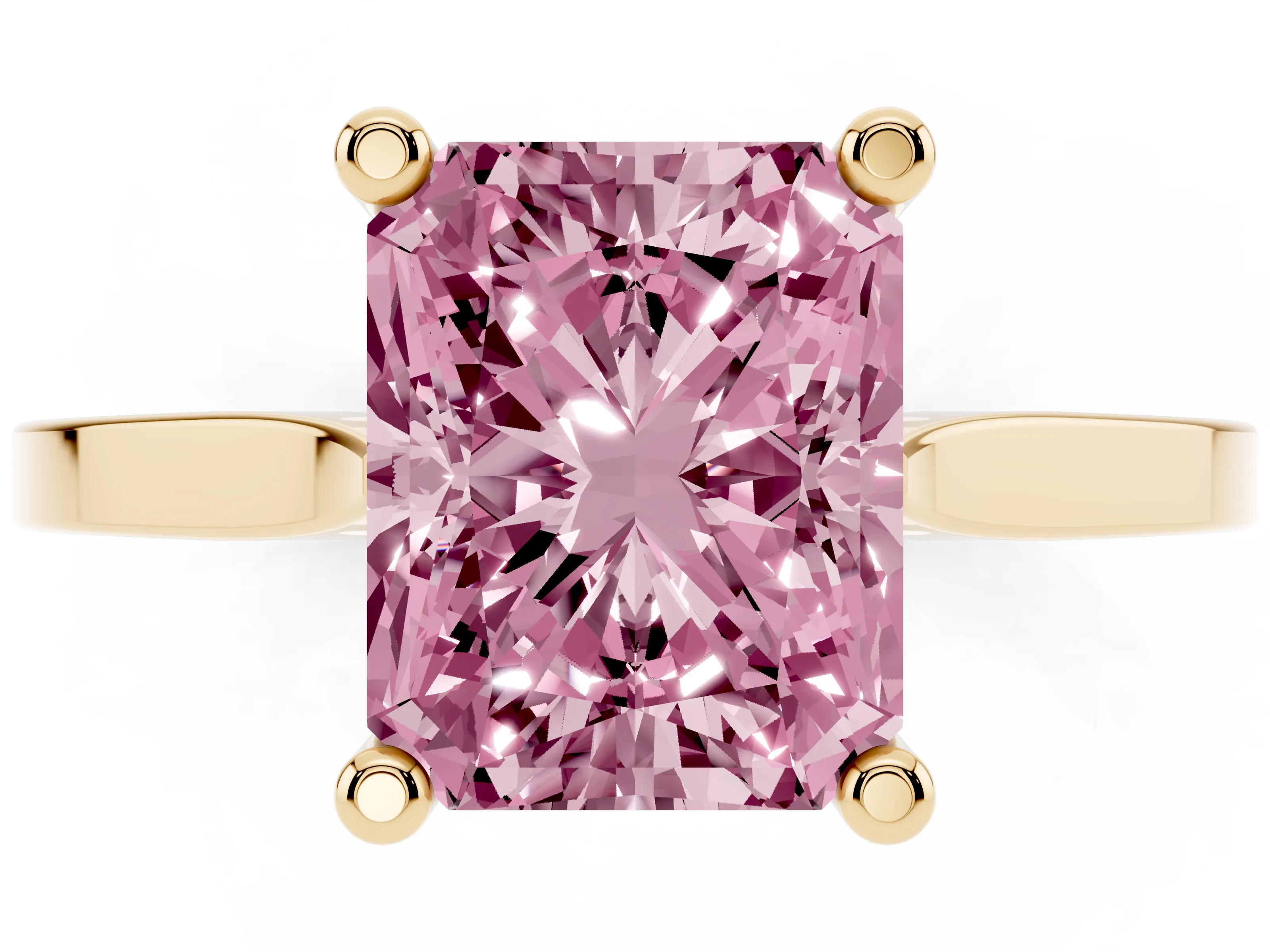Fancy Pink Radiant Cut Diamond Solitaire Ring Set in Yellow gold with Prong Setting and Tapered Band