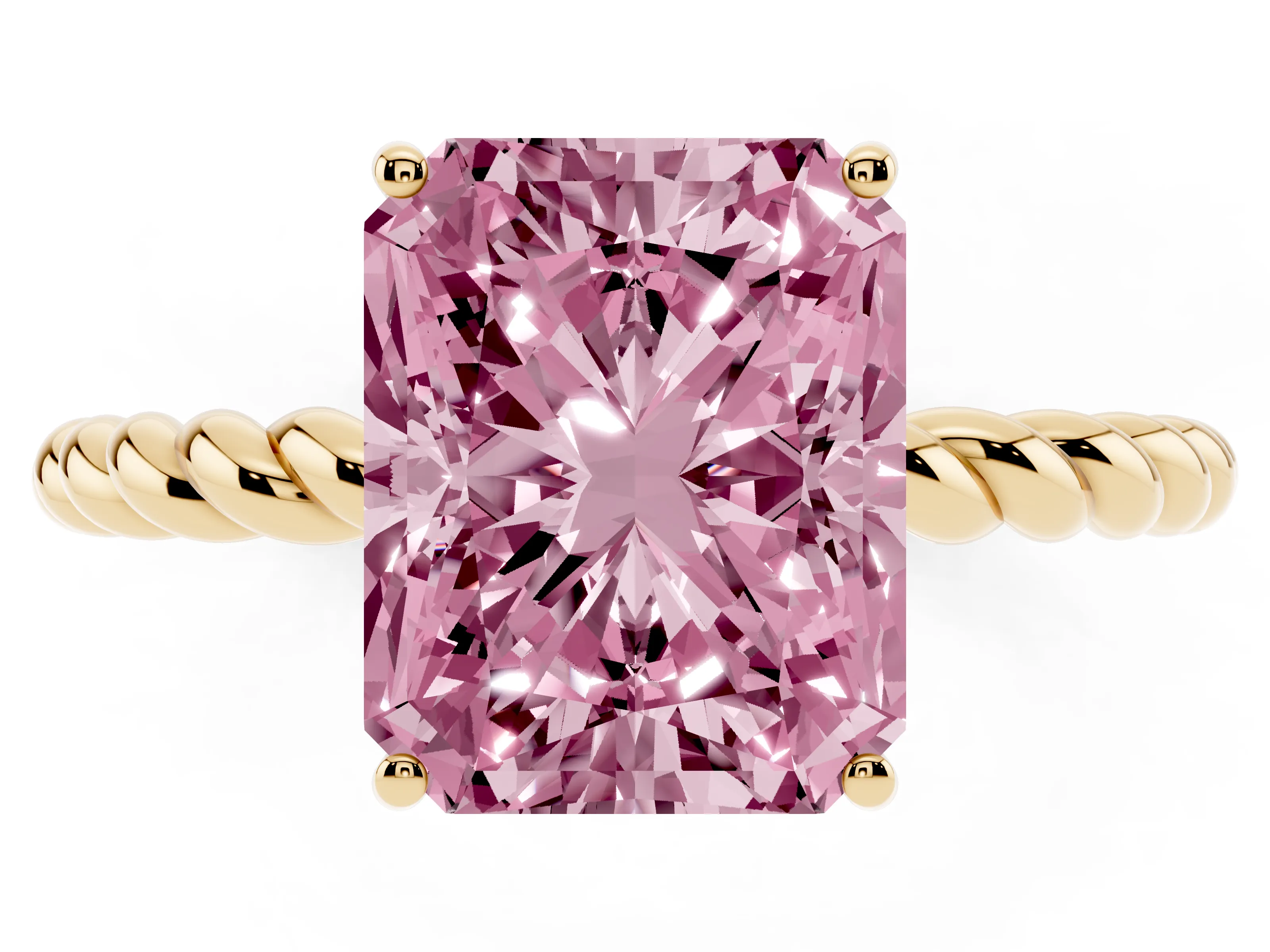 Fancy Pink Radiant Cut Diamond Solitaire Ring Set in Yellow gold with Twist Band and Prong Setting