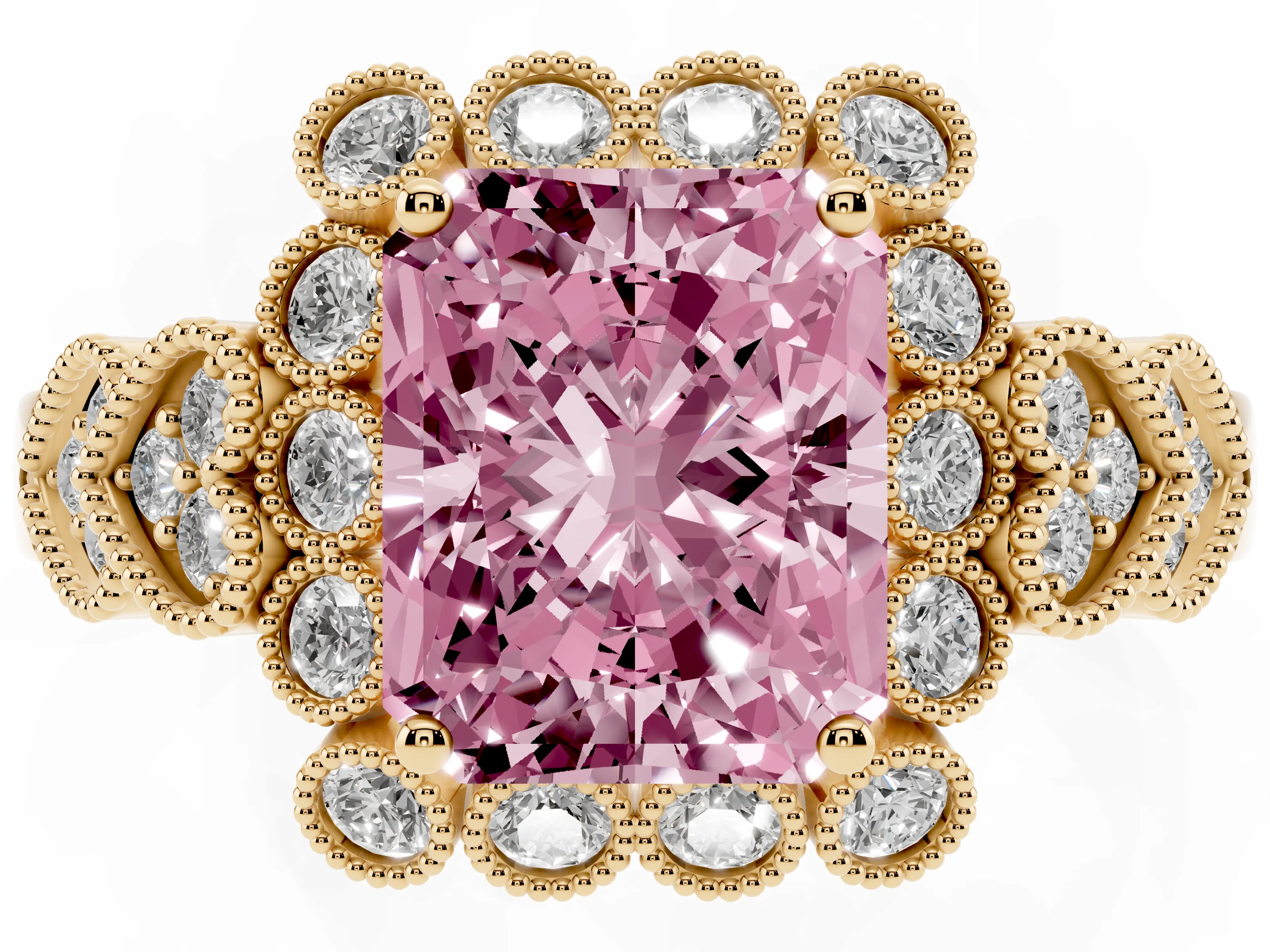 Fancy Pink Radiant Cut Diamond Solitaire Ring Set in Yellow gold with Milgrain Pavé Heart Band