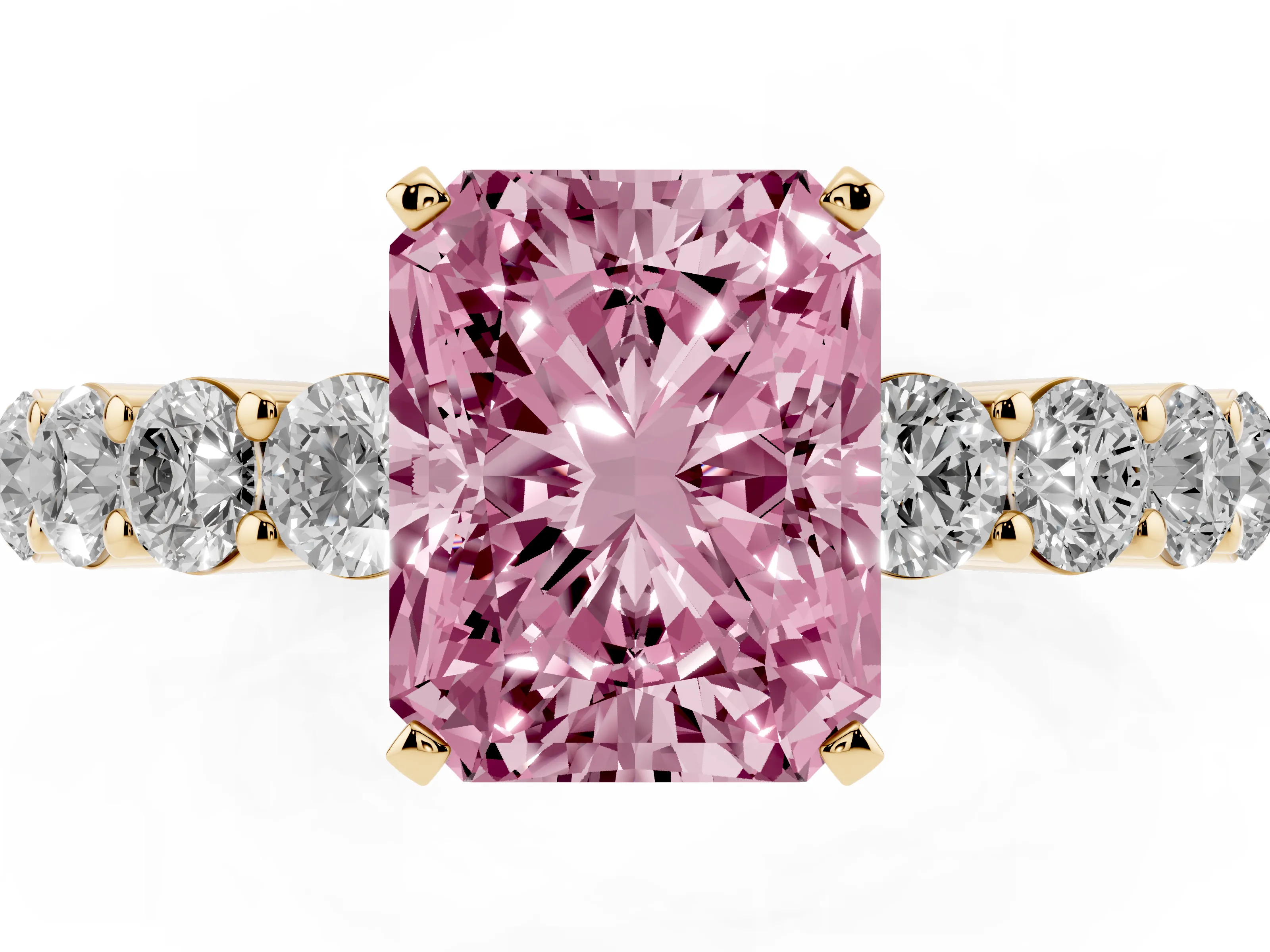 Fancy Pink Radiant Cut Diamond Solitaire Ring Set in Yellow gold with Shared Prong Round Side Stones