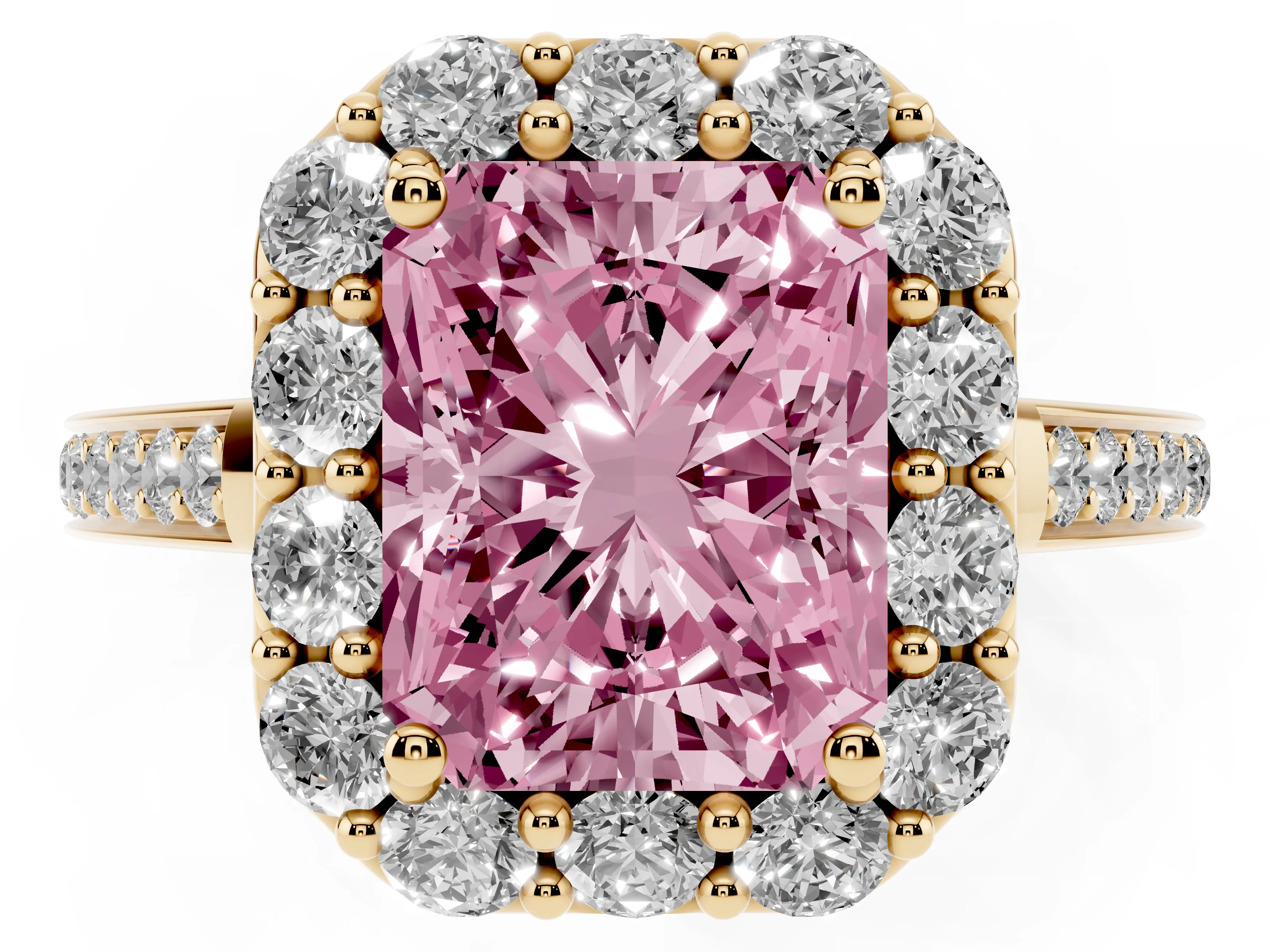 Fancy Pink Radiant Cut Diamond Floral Halo Ring Set in Yellow gold with Pavé Band and Prong Setting