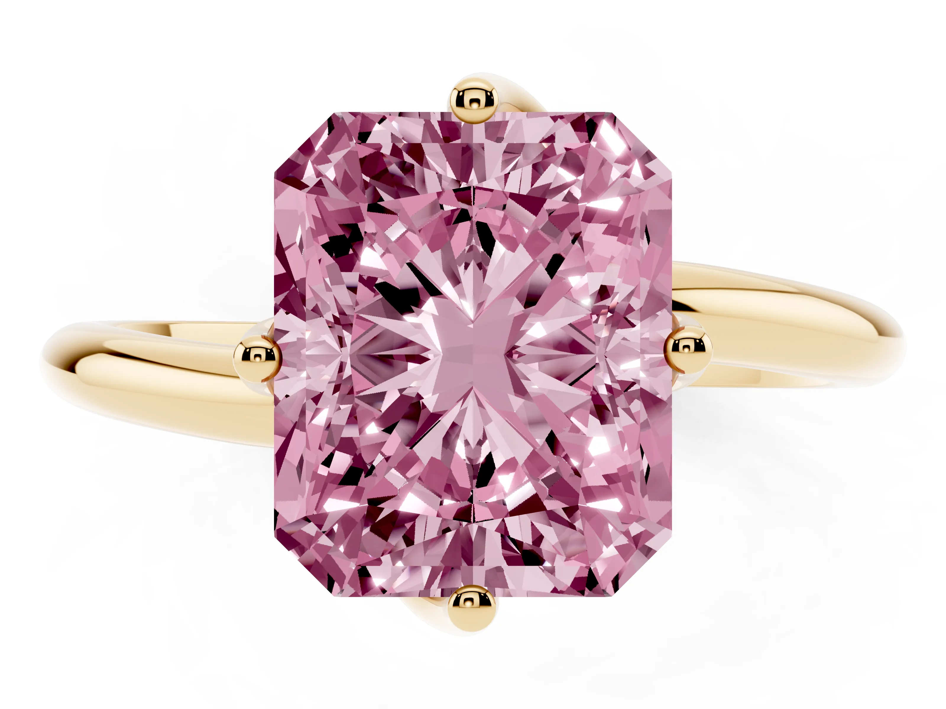 Fancy Pink Radiant Cut Diamond Solitaire Engagement Ring Set in Yellow gold with Classic Plain Band