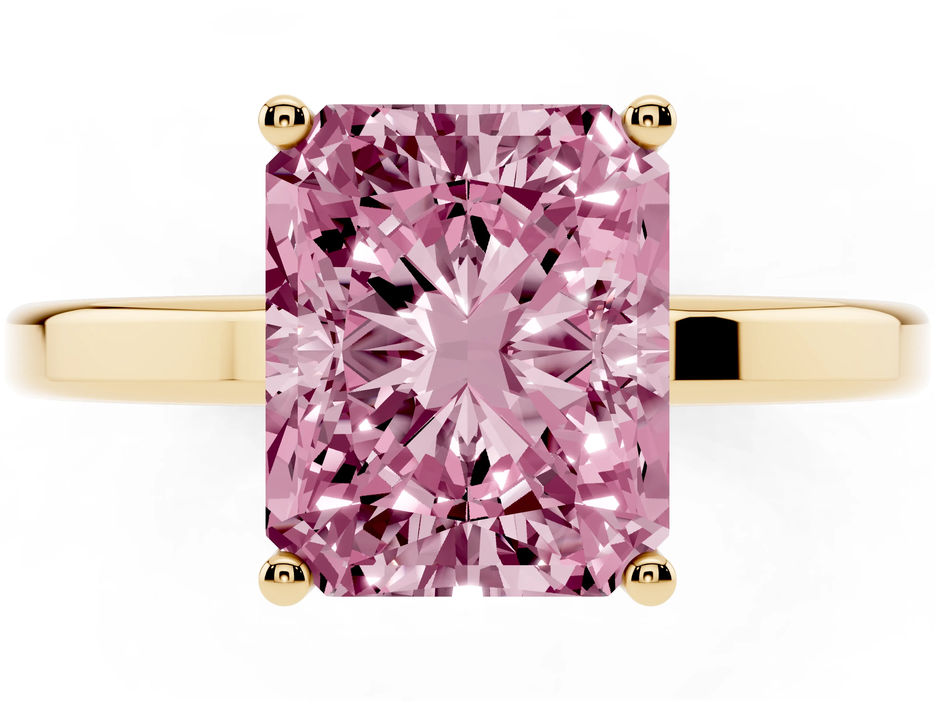 Fancy Pink Radiant Cut Diamond Solitaire Engagement Ring Set in Yellow gold with Prong Setting on a Plain Band
