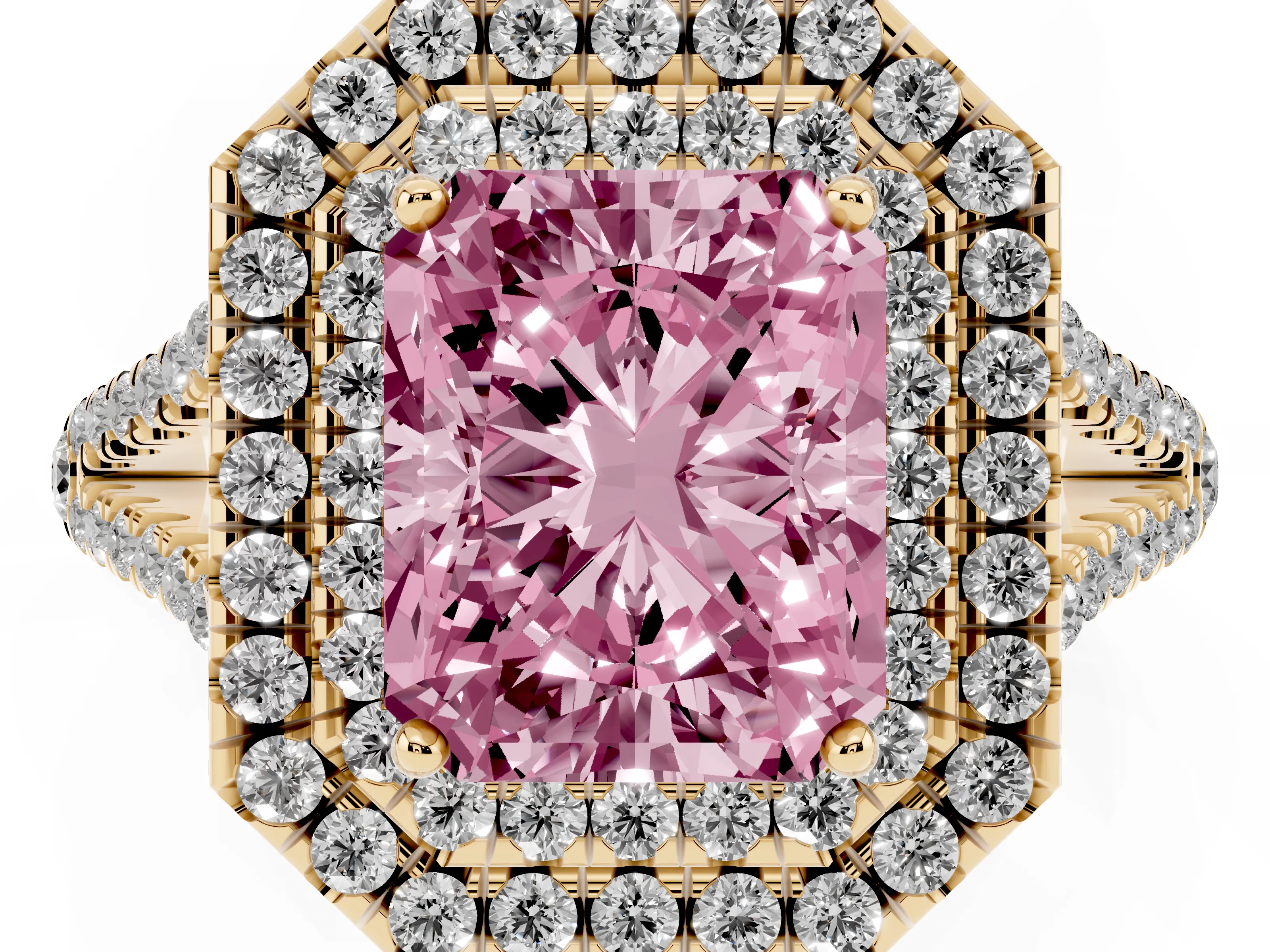 Fancy Pink Radiant Cut Diamond Double Halo Ring Set in Yellow gold with Pavé Band