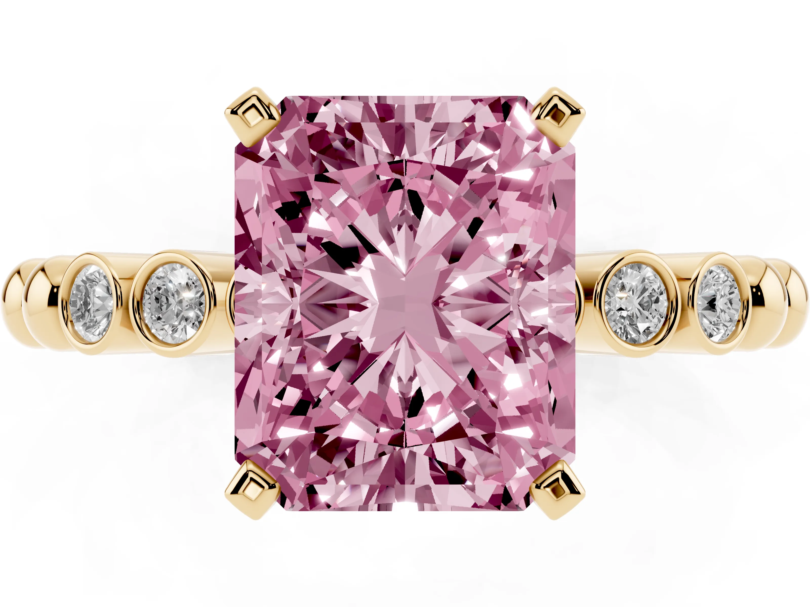 Fancy Pink Radiant Cut Diamond Solitaire Engagement Ring Set in Yellow gold with Bezel Accents on Beaded Band