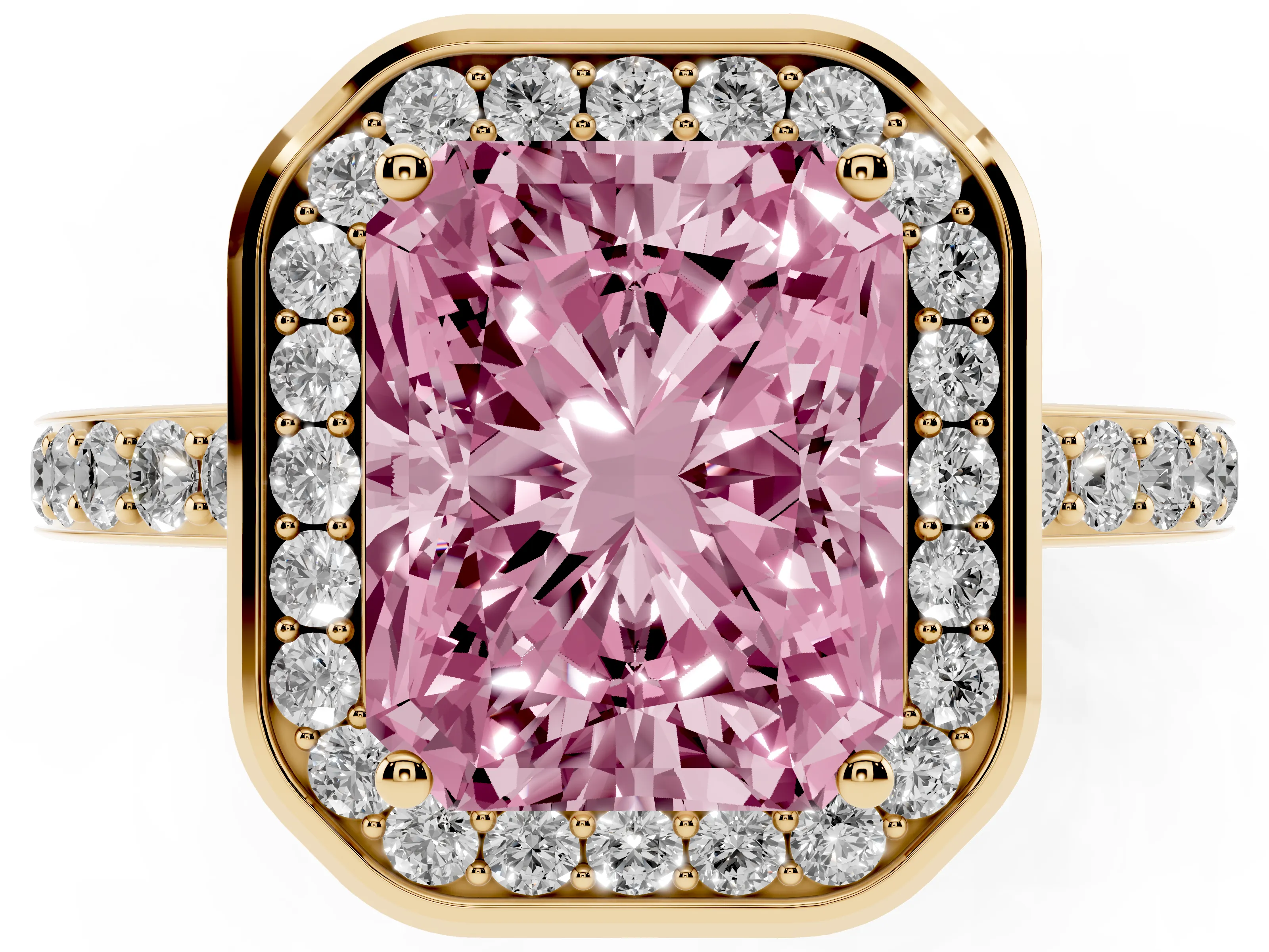 Fancy Pink Radiant Cut Diamond Halo Ring Set in Yellow gold with Bezel Frame and Pavé Band