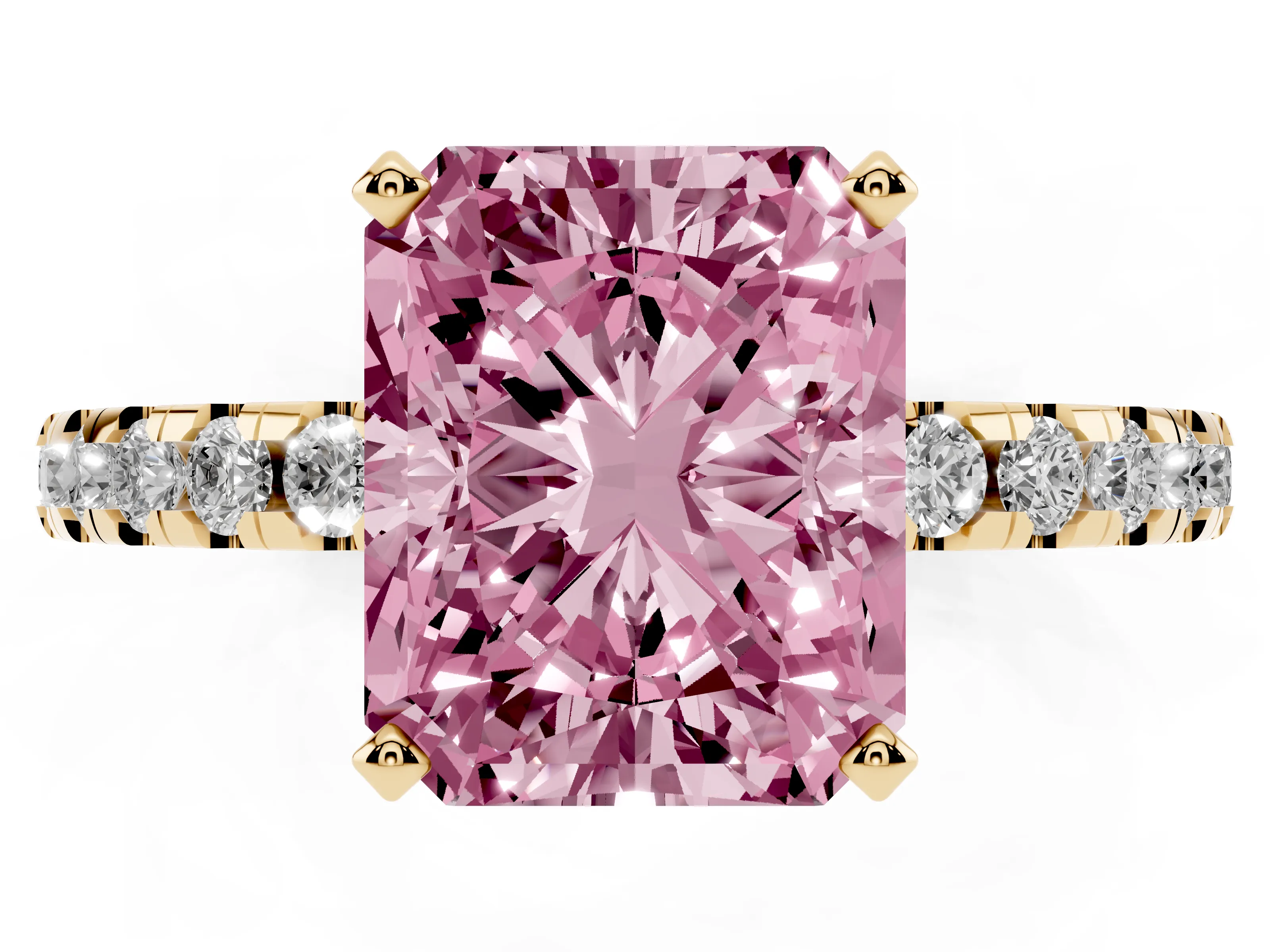 Fancy Pink Radiant Cut Diamond Pavé Solitaire Ring Set in Yellow gold with Round Band Accents and Prong Setting