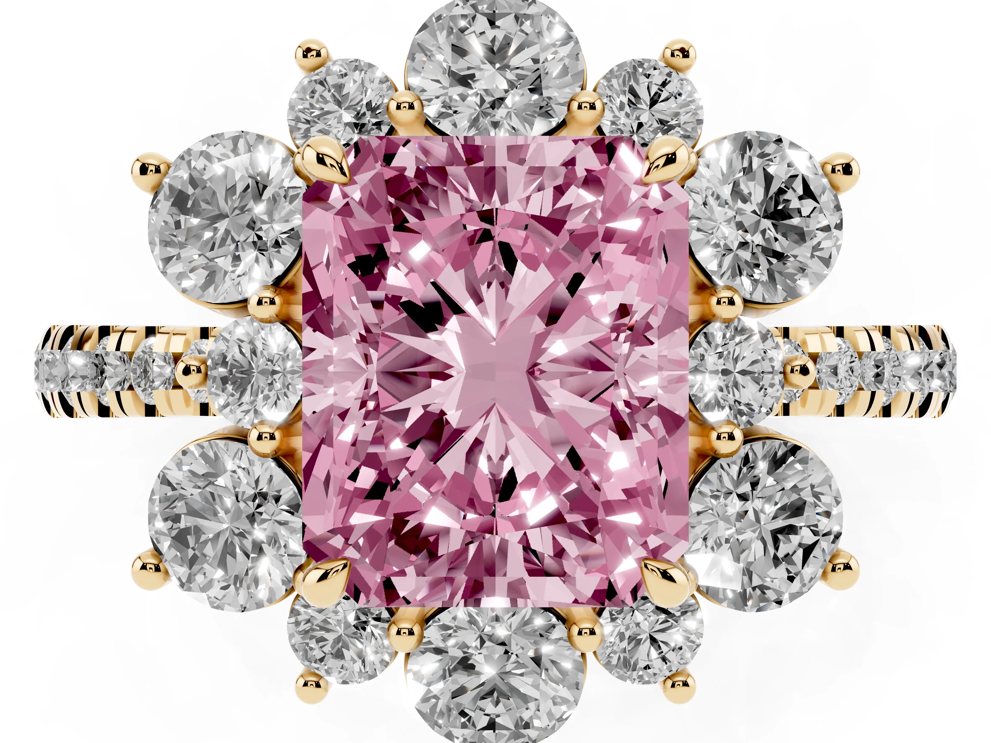 Fancy Pink Radiant Cut Diamond Floral Halo Ring Set in Yellow gold with Round Pavé Band and Prong Setting