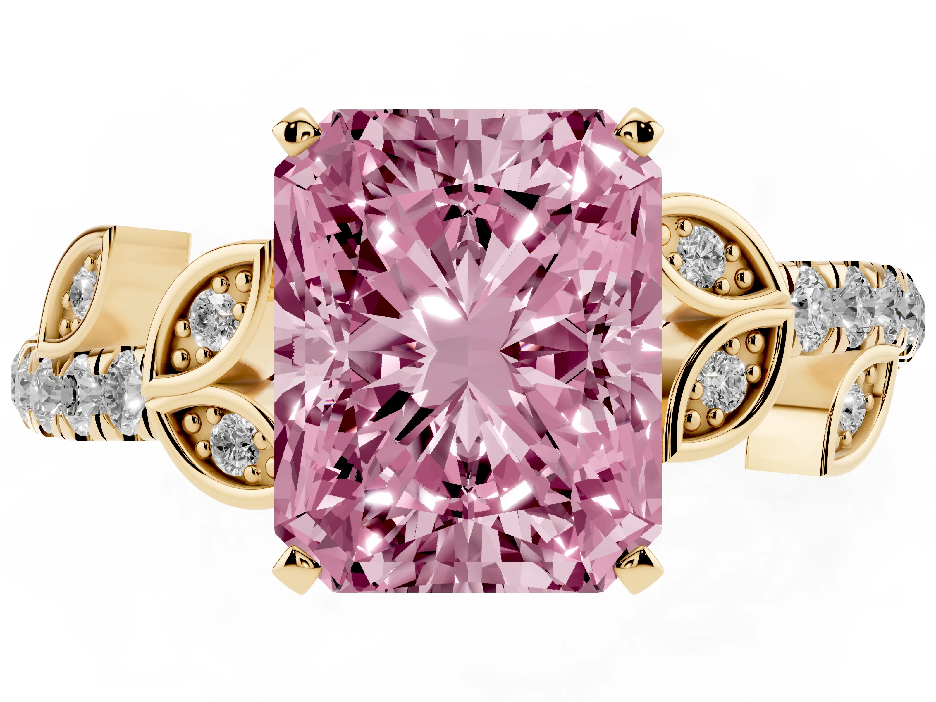 Fancy Pink Radiant Cut Diamond Solitaire Leaf-Inspired Ring Set in Yellow gold with Pavé Band and Prong Setting