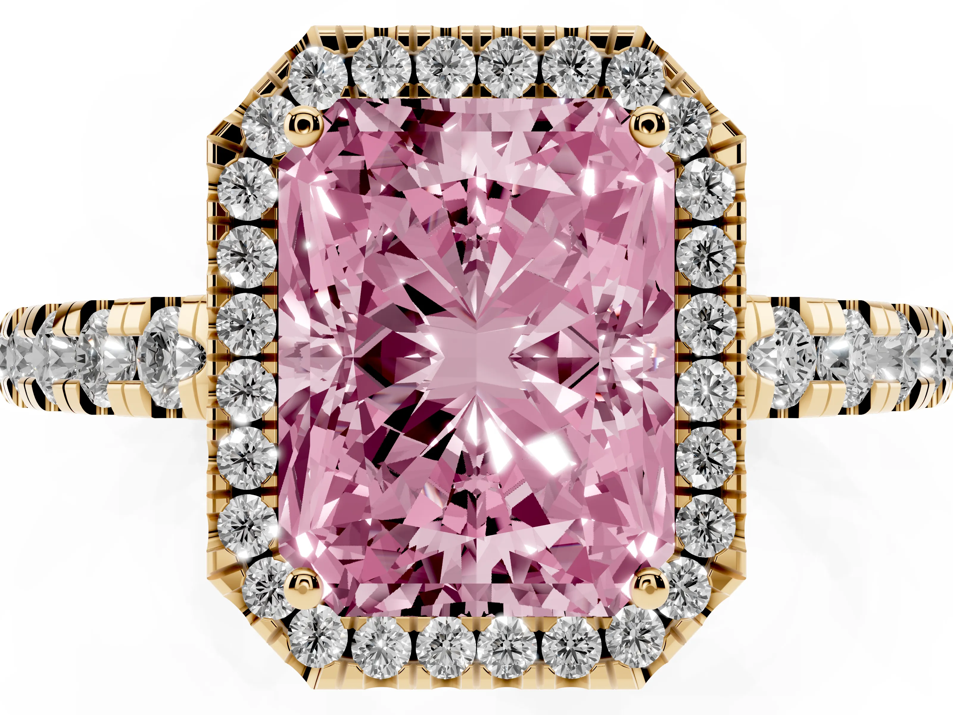 Fancy Pink Radiant Cut Diamond Halo Ring Set in Yellow gold with Delicate Pavé Band and Prong Setting