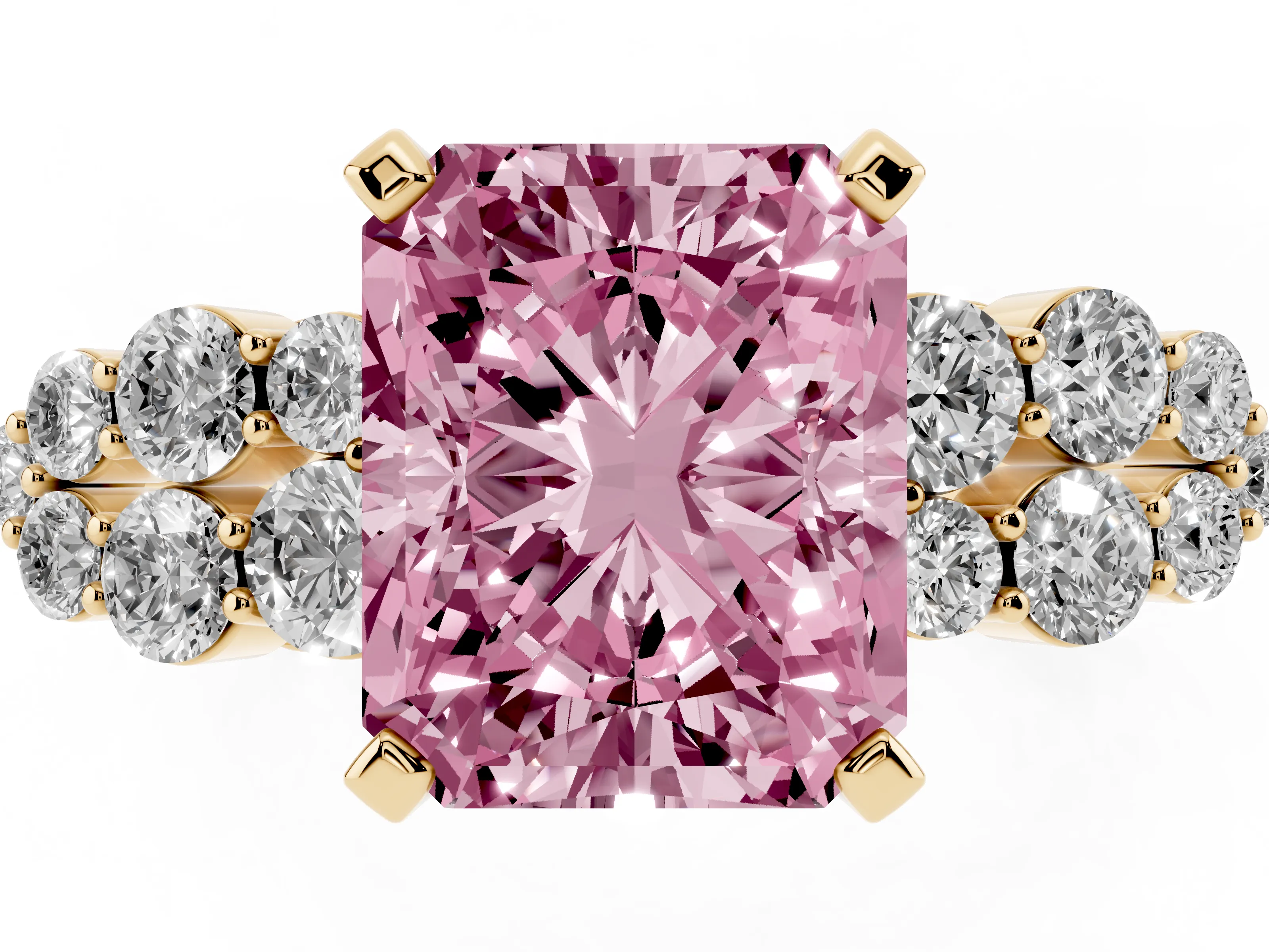 Fancy Pink Radiant Cut Diamond Cluster Engagement Ring Set in Yellow gold with Pavé Band and Prong Setting