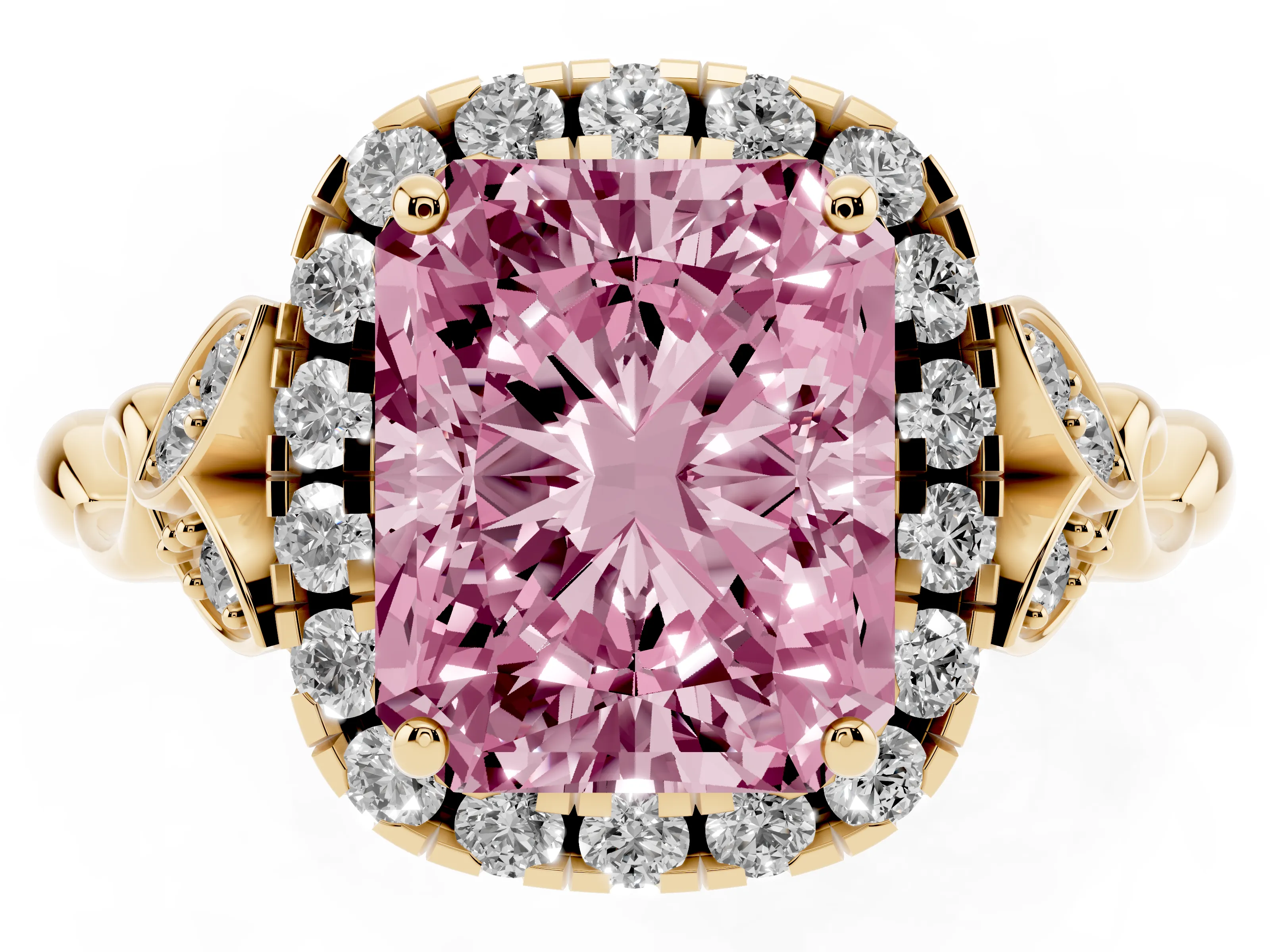 Fancy Pink Radiant Cut Diamond Halo Engagement Ring Set in Yellow gold with Vintage-Inspired Band and Prong Setting