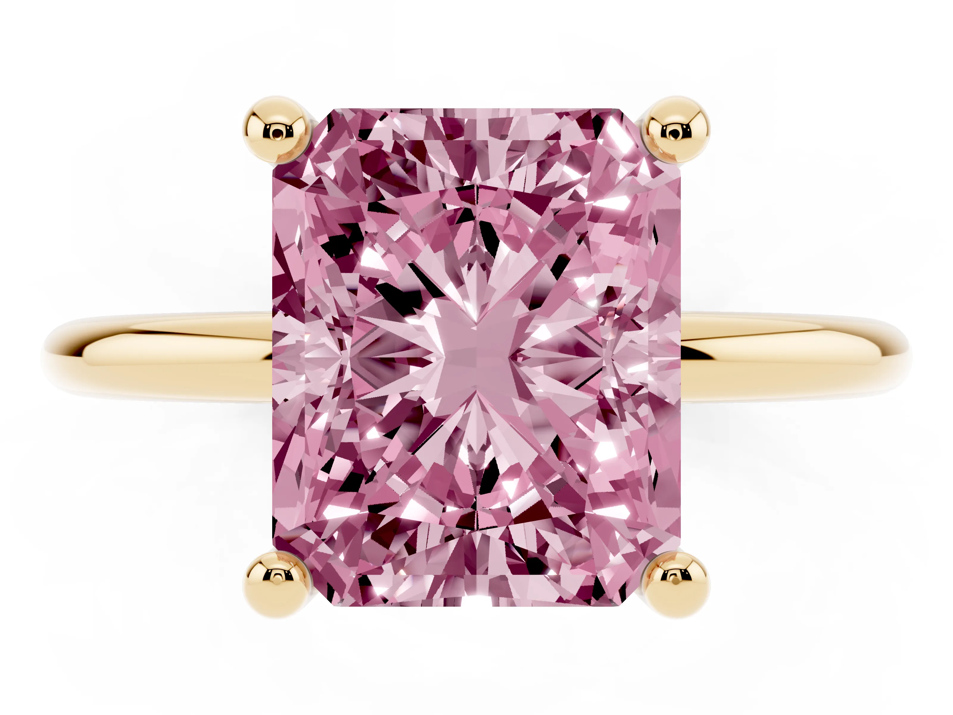 Fancy Pink Radiant Cut Diamond Solitaire Ring Set in Yellow gold with Secure Prong Setting on a Classic Band