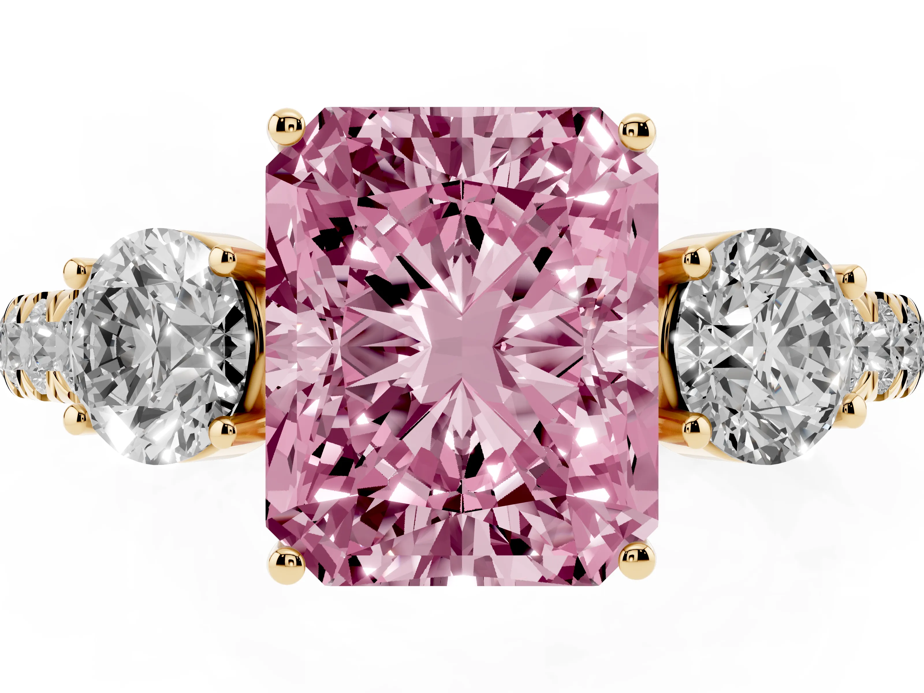 Fancy Pink Radiant Cut Diamond Three-Stone Ring Set in Yellow gold with Round Side Stones and Delicate Pavé Band