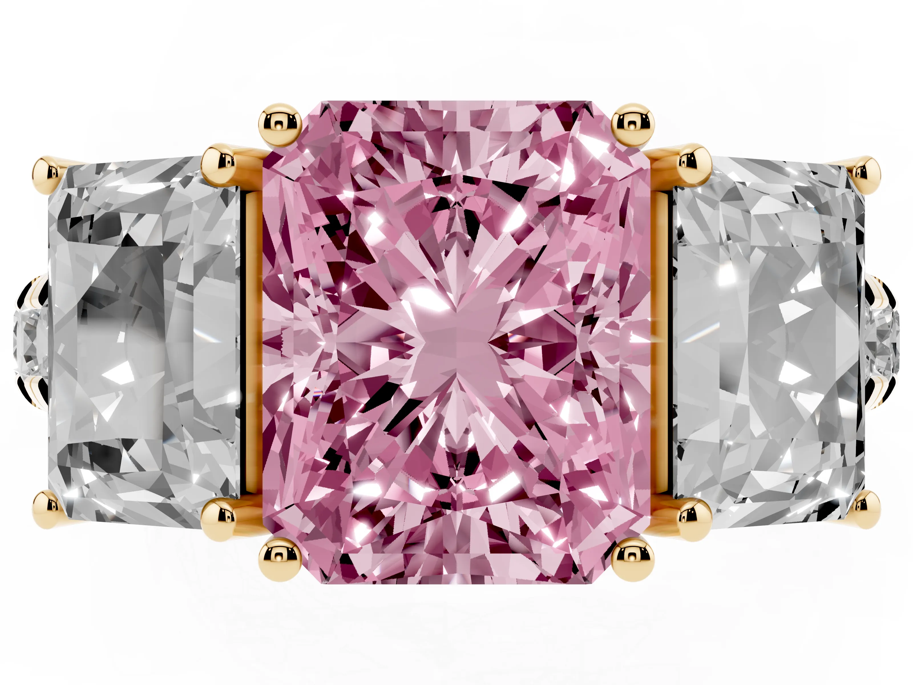 Fancy Pink Radiant Cut Diamond Three-Stone Ring Set in Yellow gold with Pavé Band