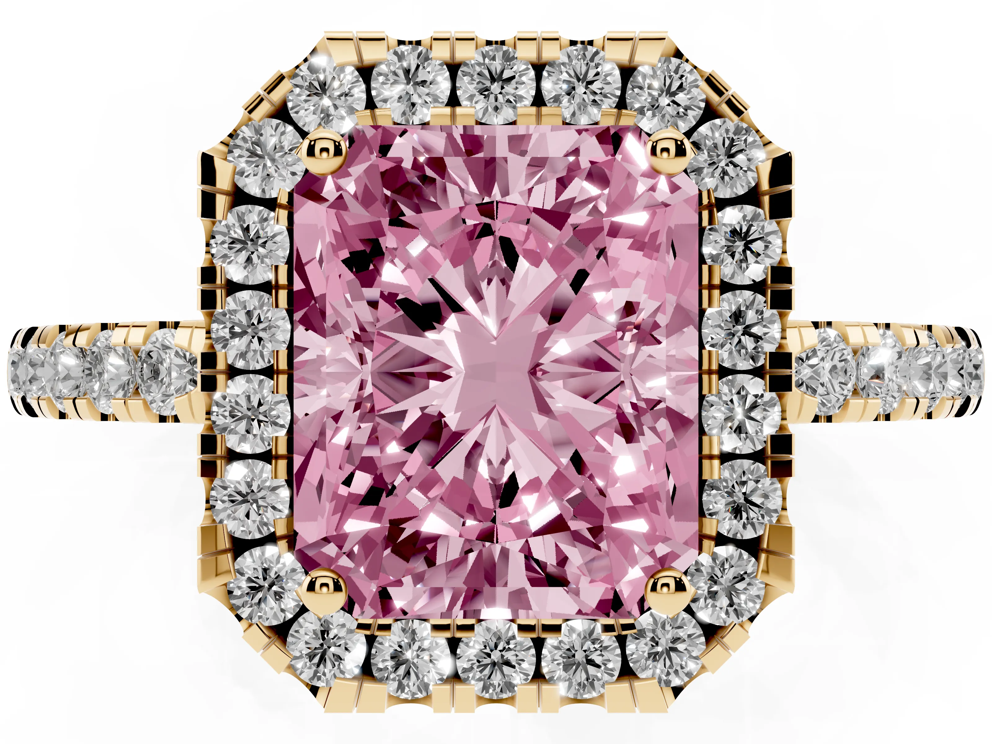 Fancy Pink Radiant Cut Diamond Pavé Band Halo Engagement Ring Set in Yellow gold with Prong Setting