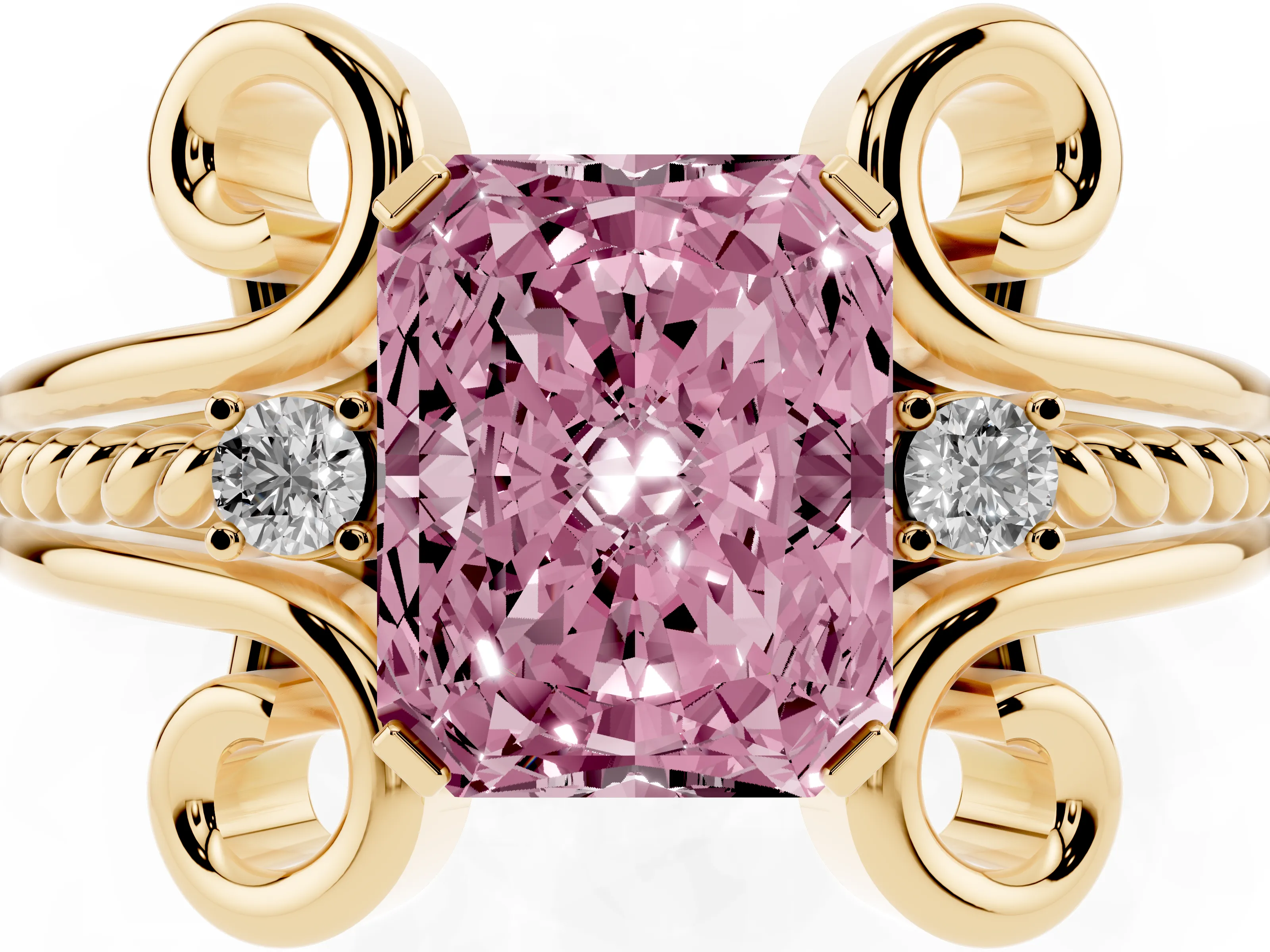 Fancy Pink Radiant Cut Diamond Twisted Band Solitaire Ring Set in Yellow gold with Scroll Prongs